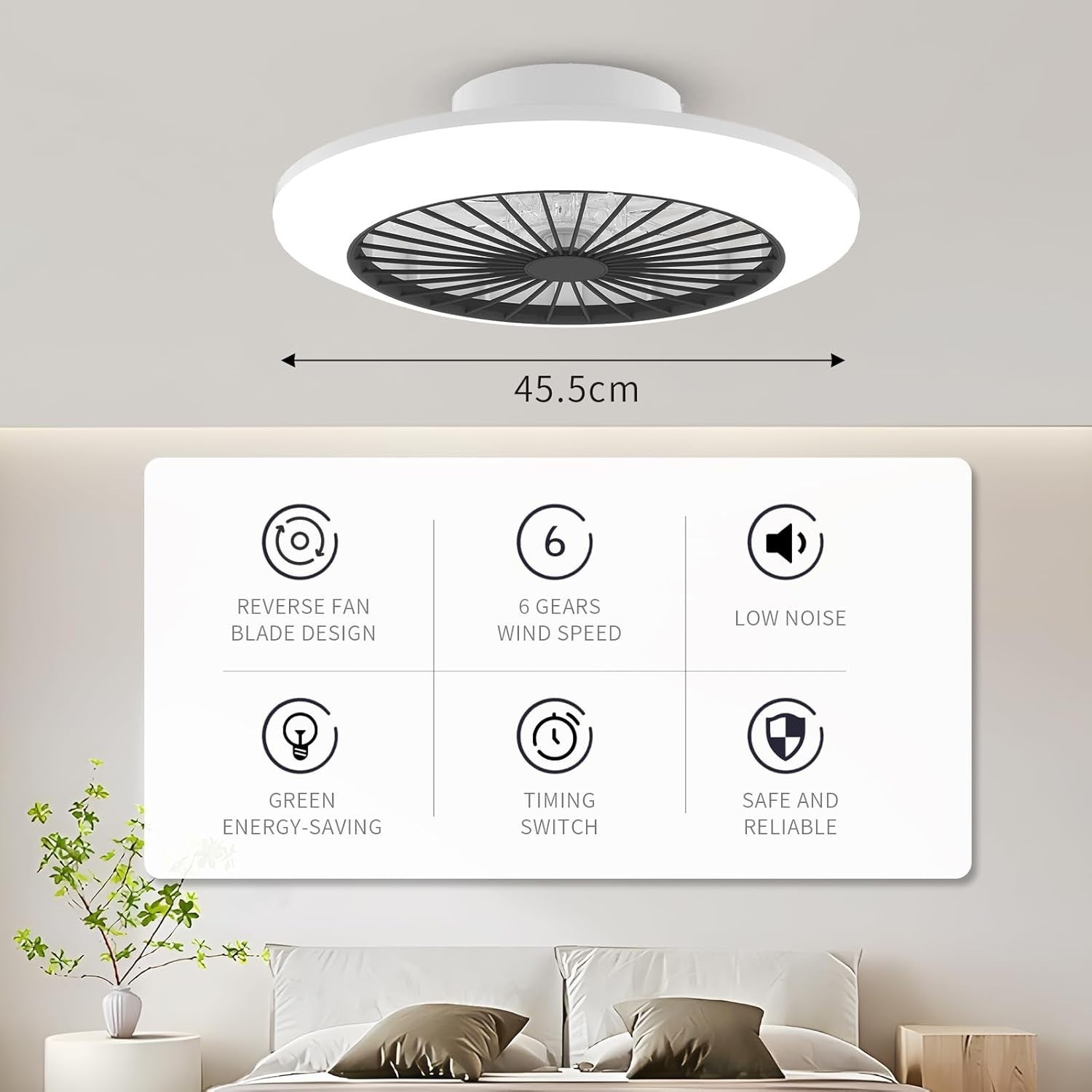 45.5CM Ceiling Fan Light, 6 Speeds, Stepless Dimming LED, 3000K-5500K, Remote