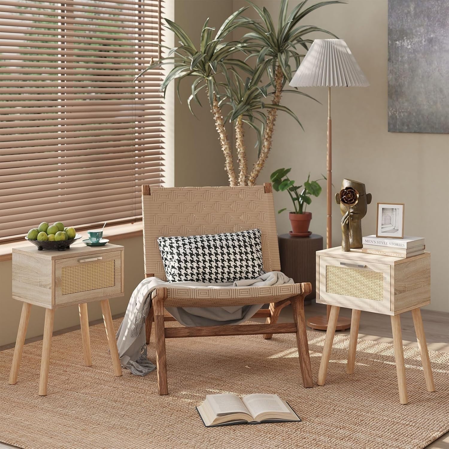 Natural Rattan Bedside Tables Set of 2, Modern Wood Nightstands with Drawer