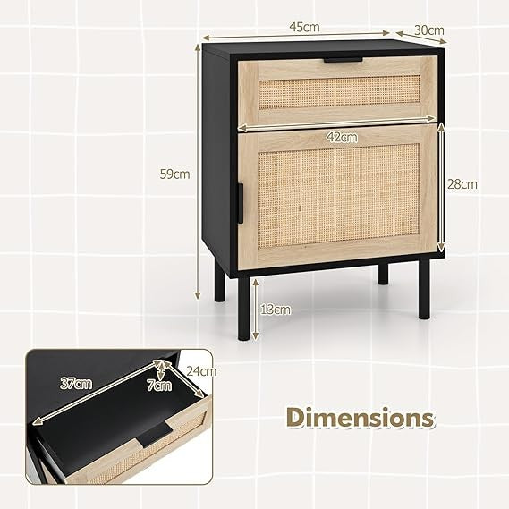 Modern Rattan Bedside Tables Set of 2 with Drawer & Cabinet, Wood & Metal Design