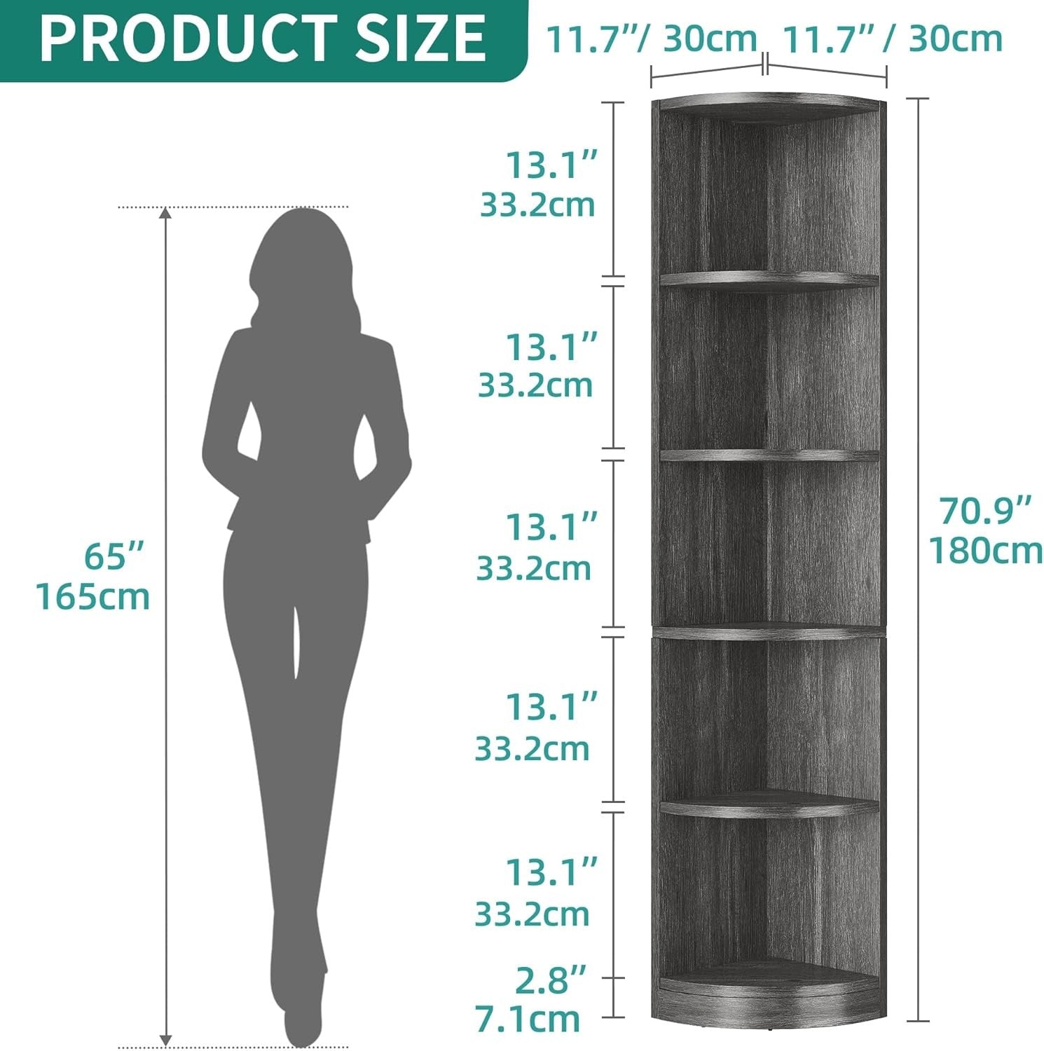 Tall Corner Shelf 5 Tier Modern Bookcase Space Saving Display Rack for Living Ro