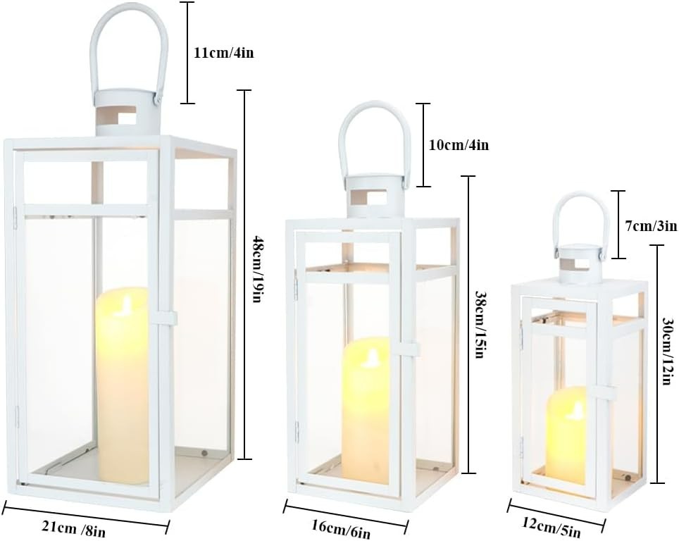 Set of 3 White Metal Candle Lanterns | Indoor Outdoor Home & Garden Décor