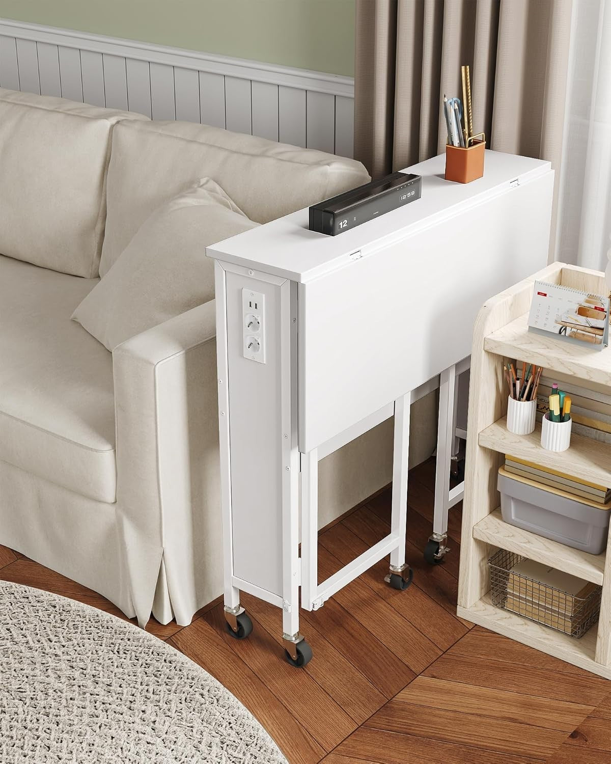 White Folding Computer Desk with Charging Ports & Wheels 80x50cm