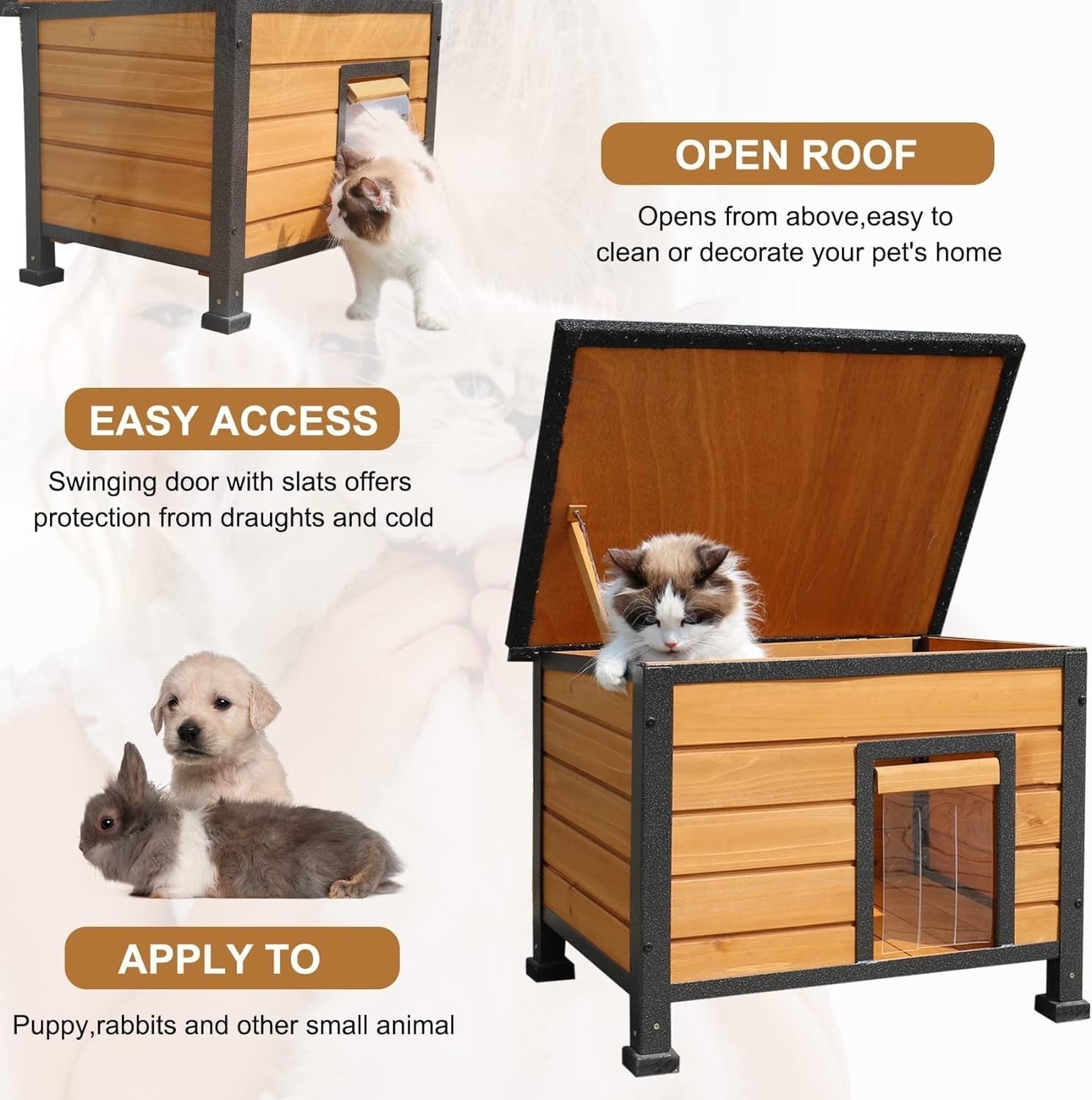 Weatherproof Wooden Cat House with Iron Frame & Waterproof Roof 57x45x43cm