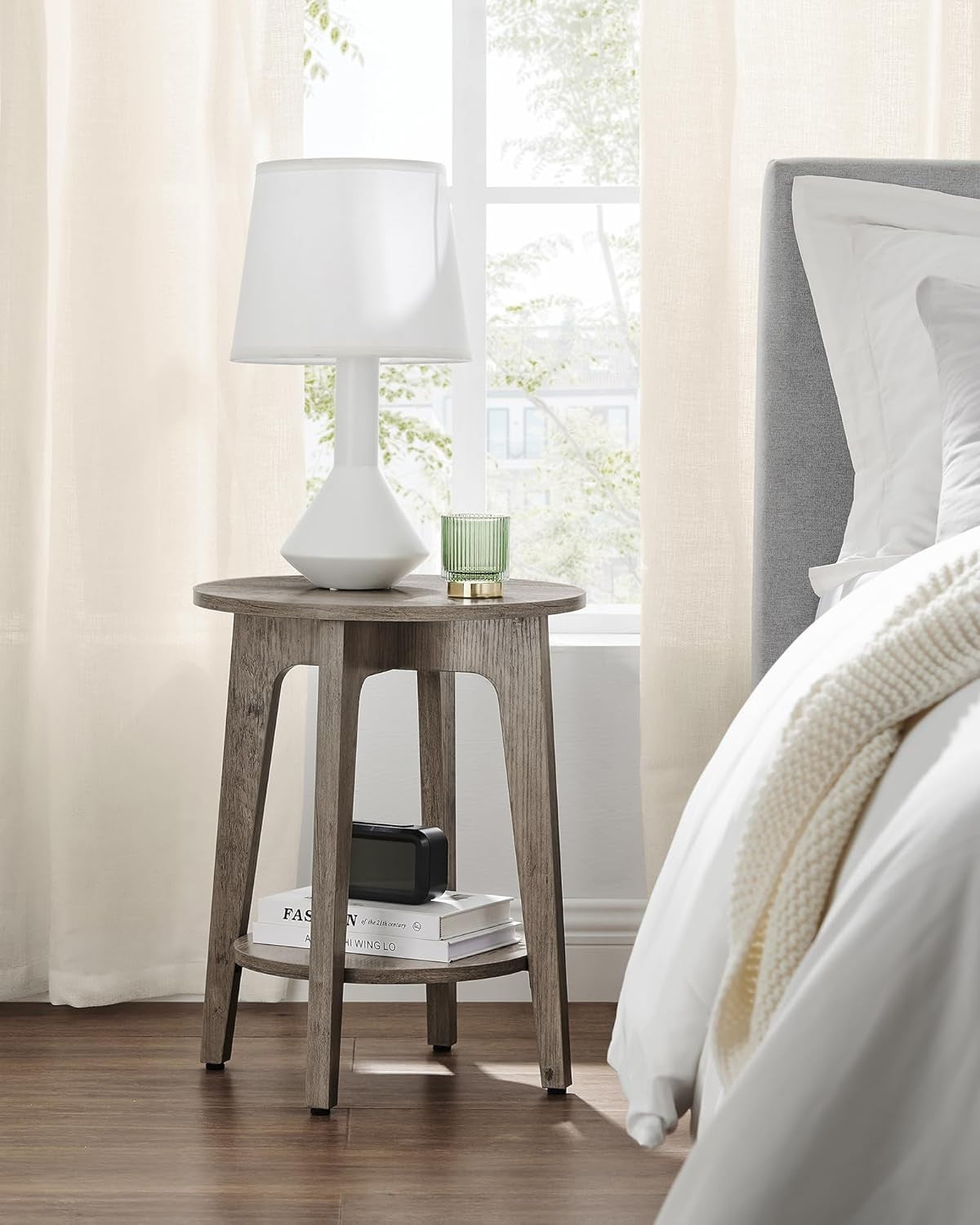 Small Round Side Table with Shelf, Space-Saving Bedside End Table, Wood Look