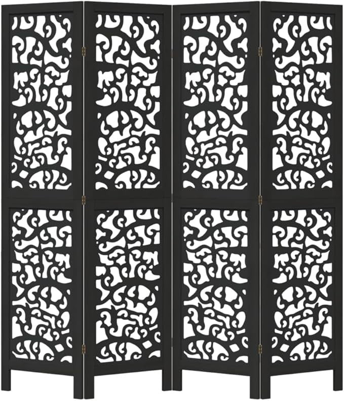 4 Panel Black Carved Wooden Room Divider 140x180cm Folding Privacy Screen
