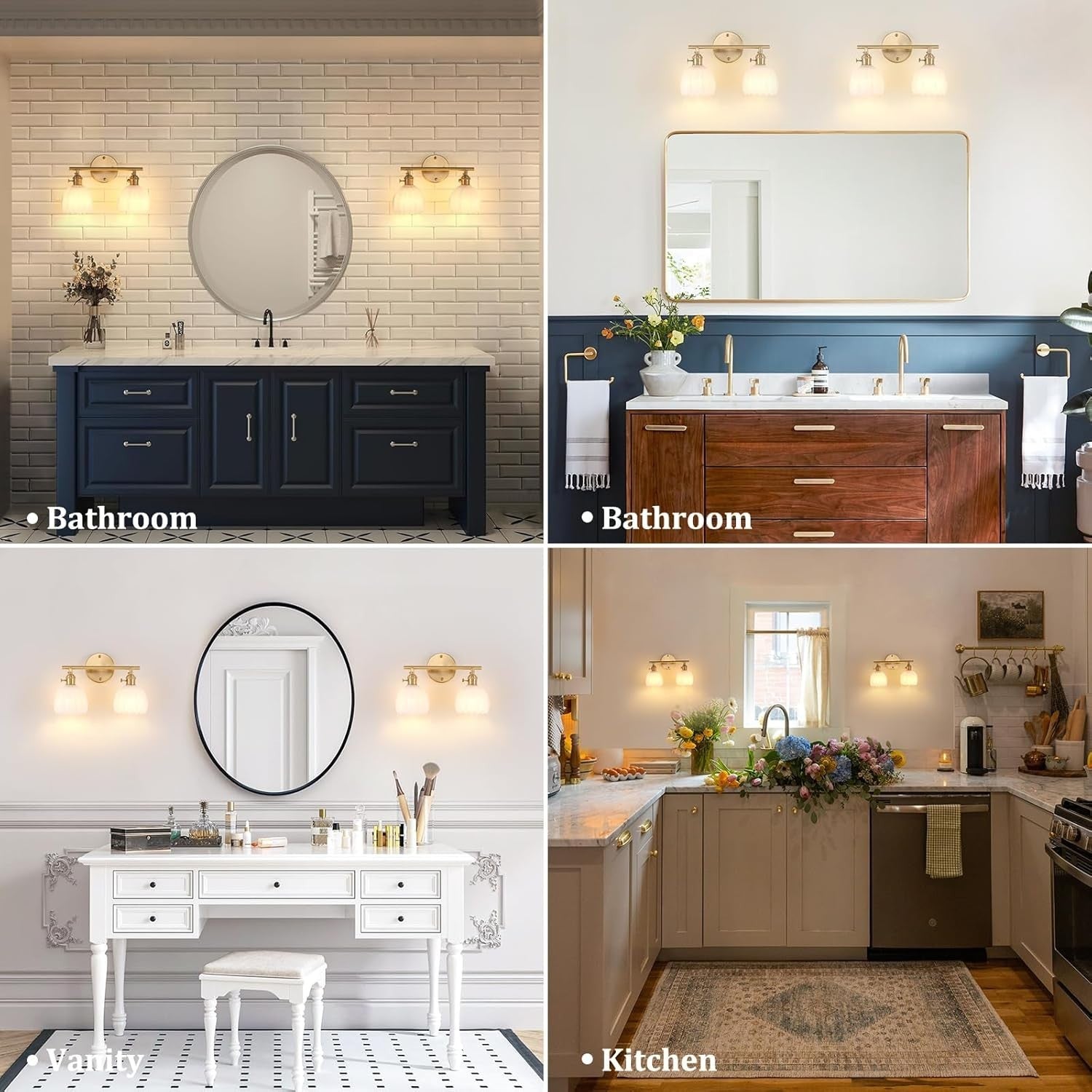 2-Light White Glass Wall Sconce Vanity Light Brass Fixture for Bathroom