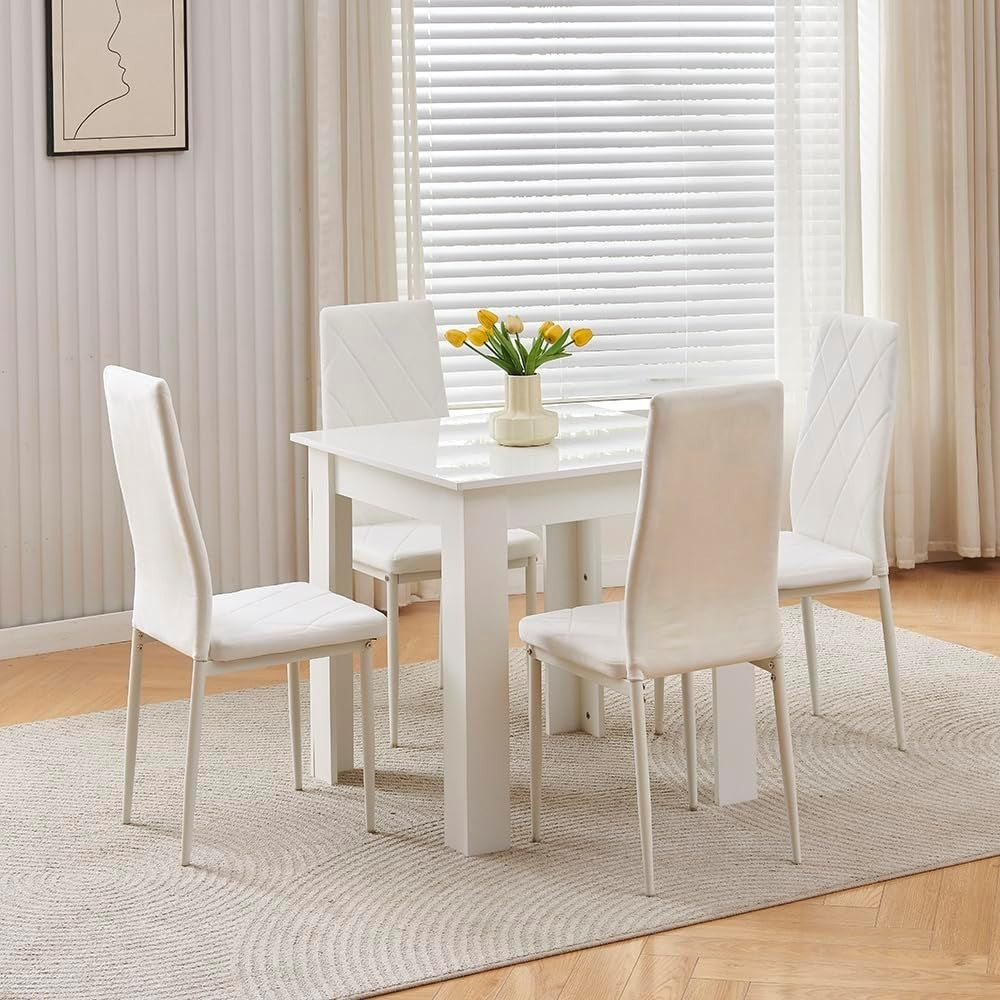 Modern White Square Dining Table & 2 Velvet Chairs - Space Saving Design