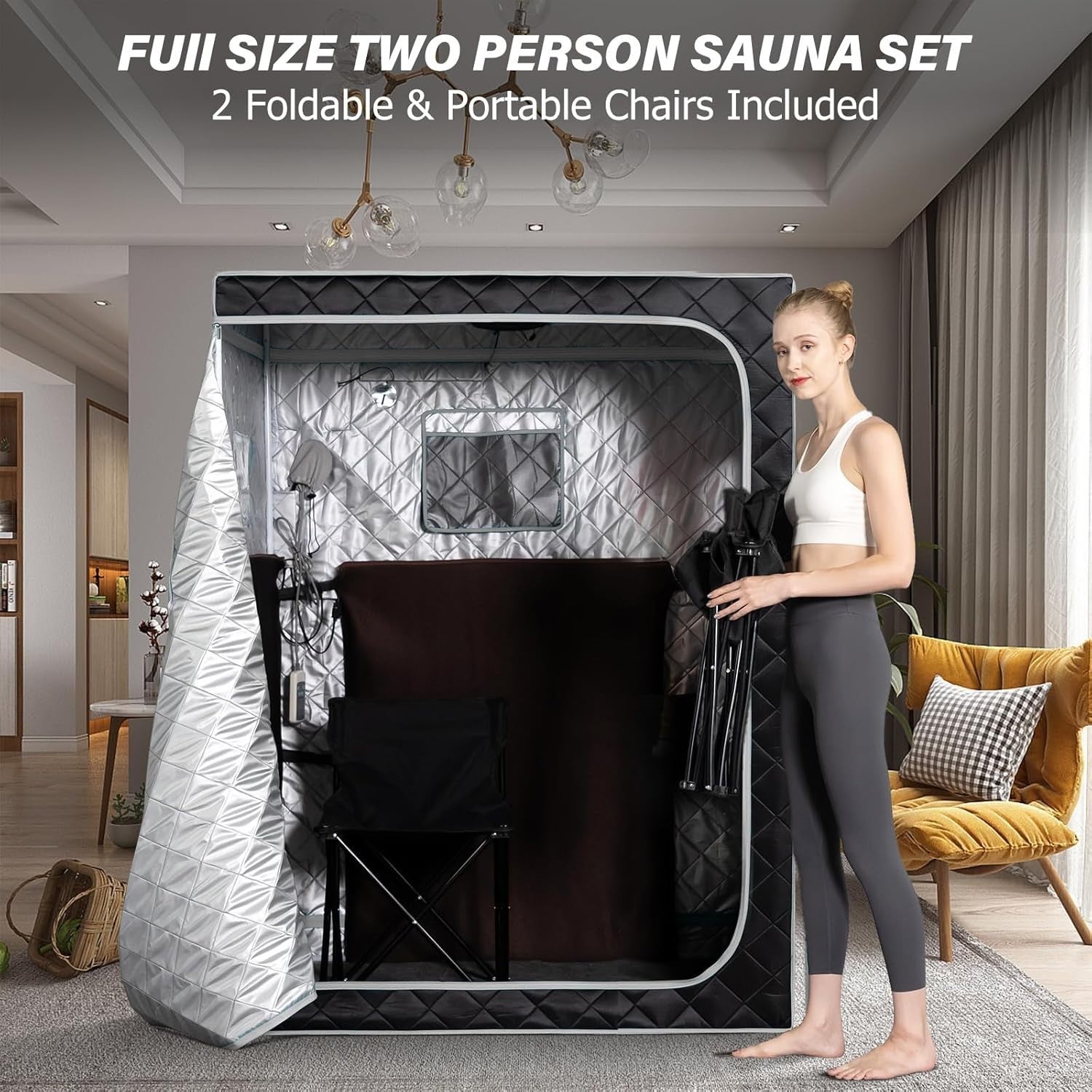 Two-Person Full-Size Infrared Sauna – Home SPA w/ Remote, Chairs & Light Grey