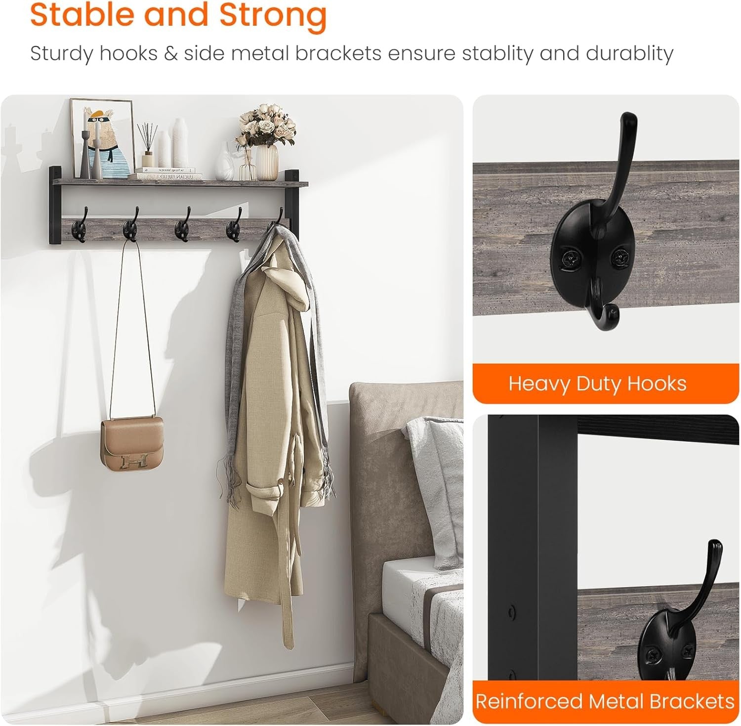 24in Rustic Grey Wall Mounted Coat Rack Shelf Entryway Hooks for Hats Bags