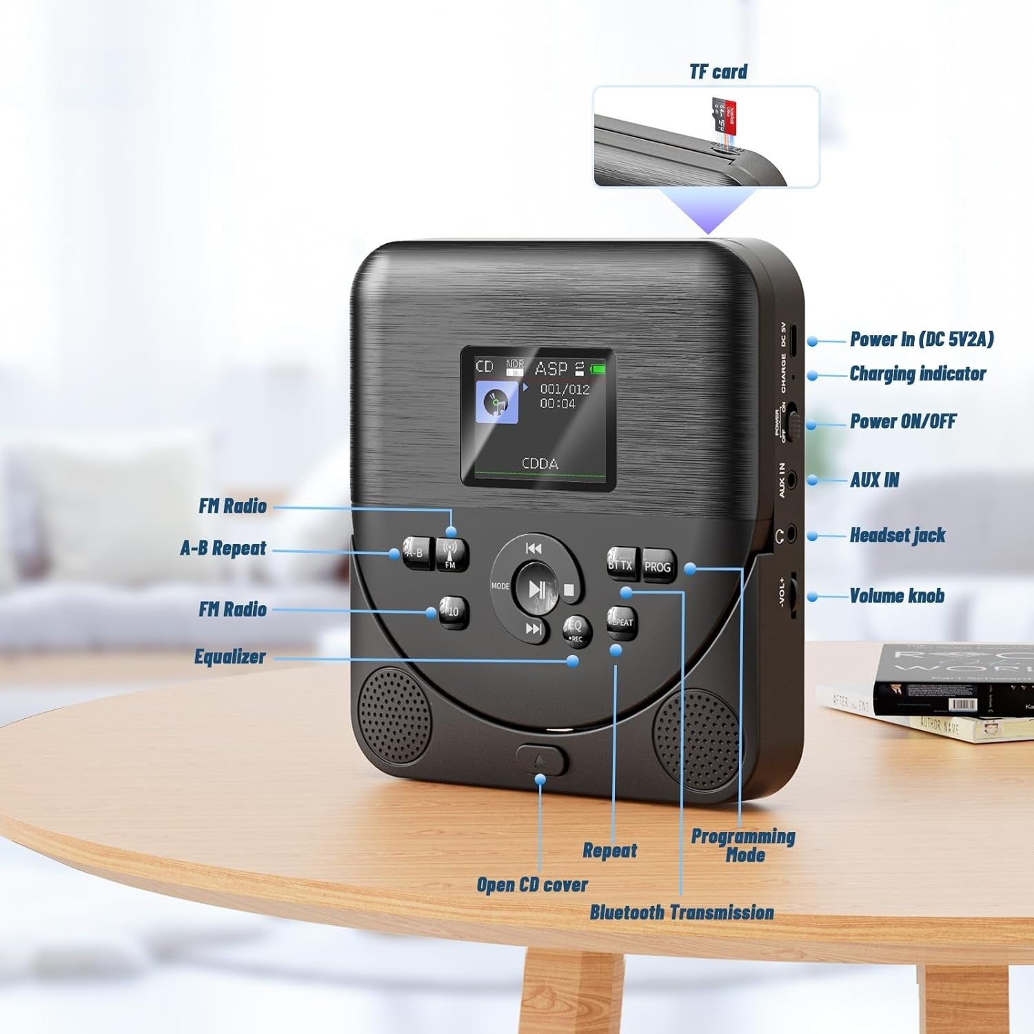 Portable Bluetooth CD Player FM Transmitter TF AUX Rechargeable Black