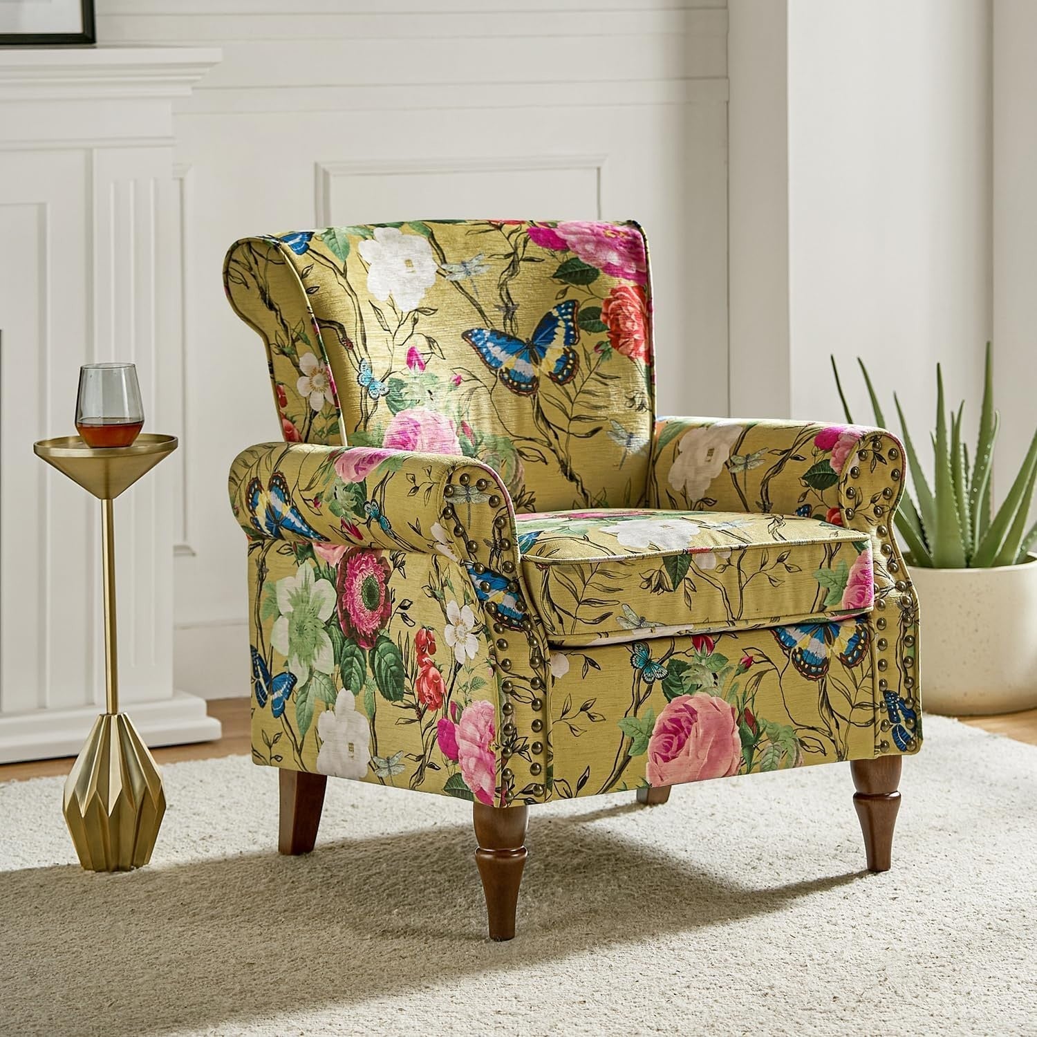 Floral Velvet Wingback Armchair Yellow Accent Chair for Living Room