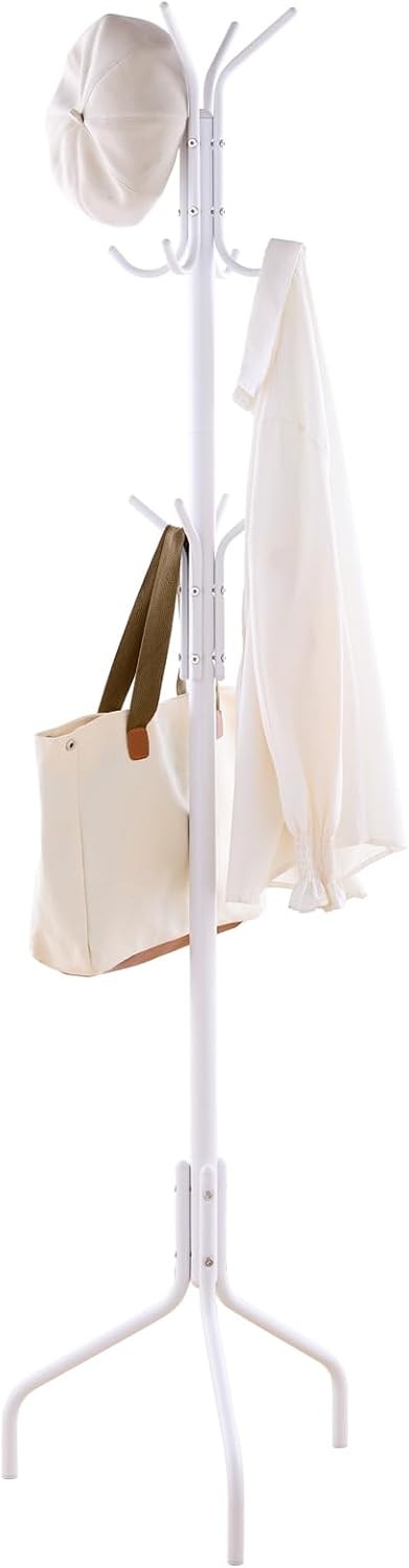 White Freestanding Coat Rack with 12 Hooks | Metal Hat & Scarf Organizer