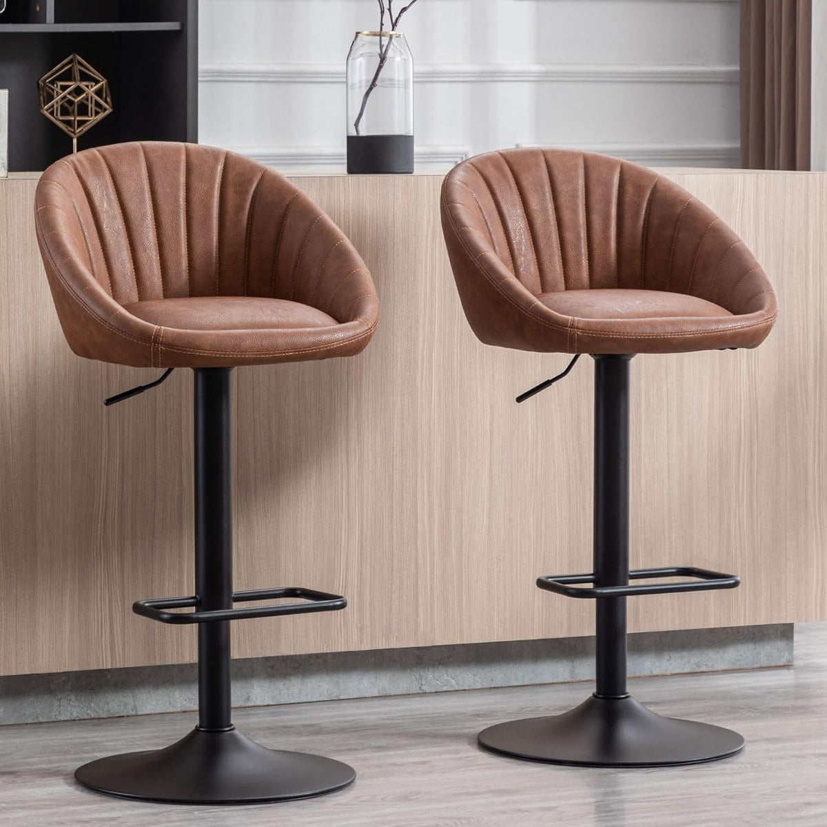 Bar Stools Set of 2 PU Brown L-Shaped Adjustable PU Counter Chairs