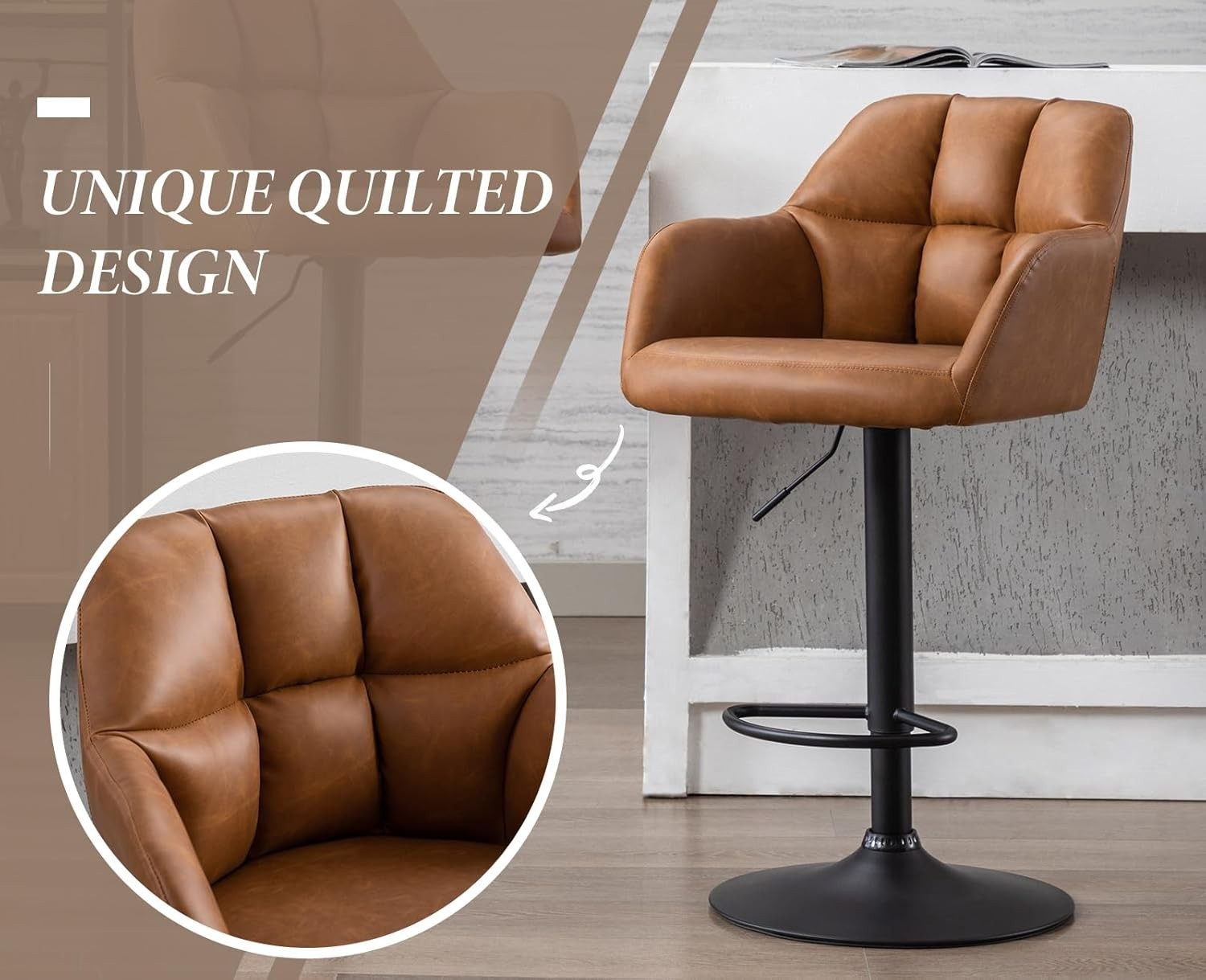 Adjustable home bar Brown PU Leather Bar Stools Set of 2 Swivel Kitchen Counter