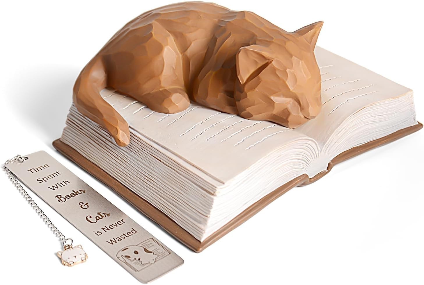 Sleeping Cat on Book Ornament with Bookmark | Cute Cat Lover Gift Brown