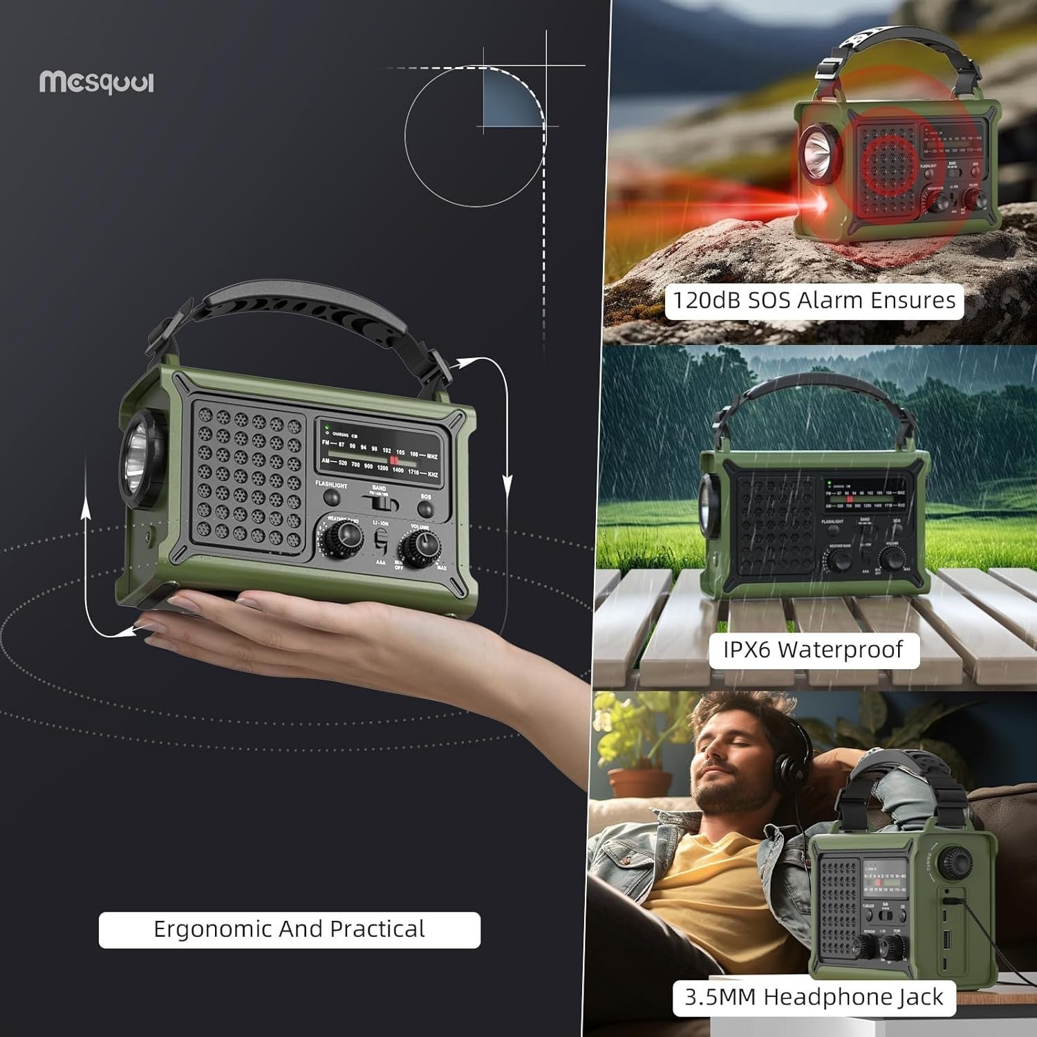 Emergency Solar Hand Crank Radio with 12000mAh Battery & Flashlight