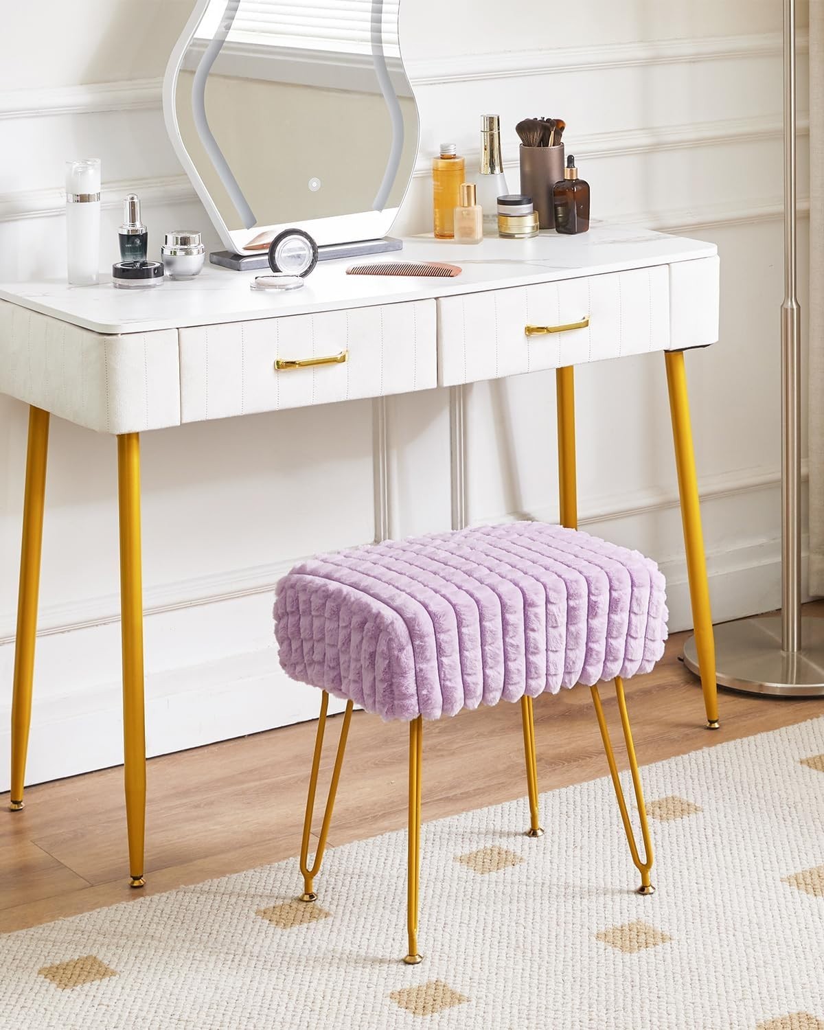 Purple Velvet Footrest Ottoman – Golder Legs, Compact Vanity Stool & Side Table