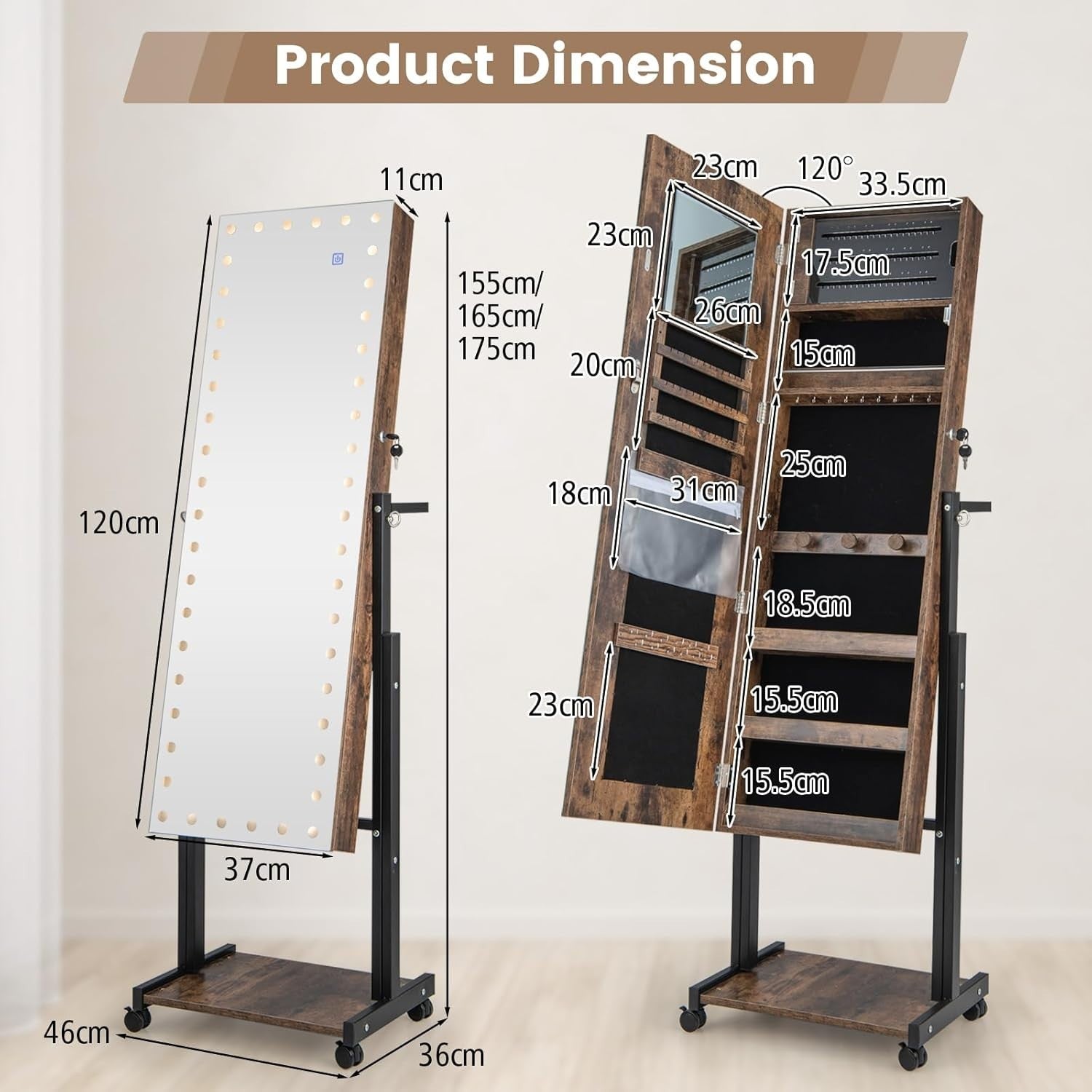 Rustic Brown LED Jewellery Cabinet Lockable Full Length Mirror Mobile