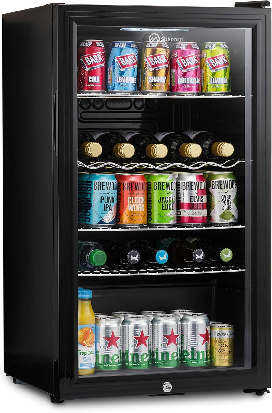 Under Counter Drinks Fridge 85L Beer Wine Cooler Glass Door LED Lockable
