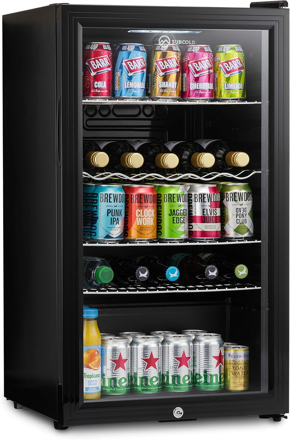 Under Counter Drinks Fridge 85L Beer Wine Cooler Glass Door LED Lockable
