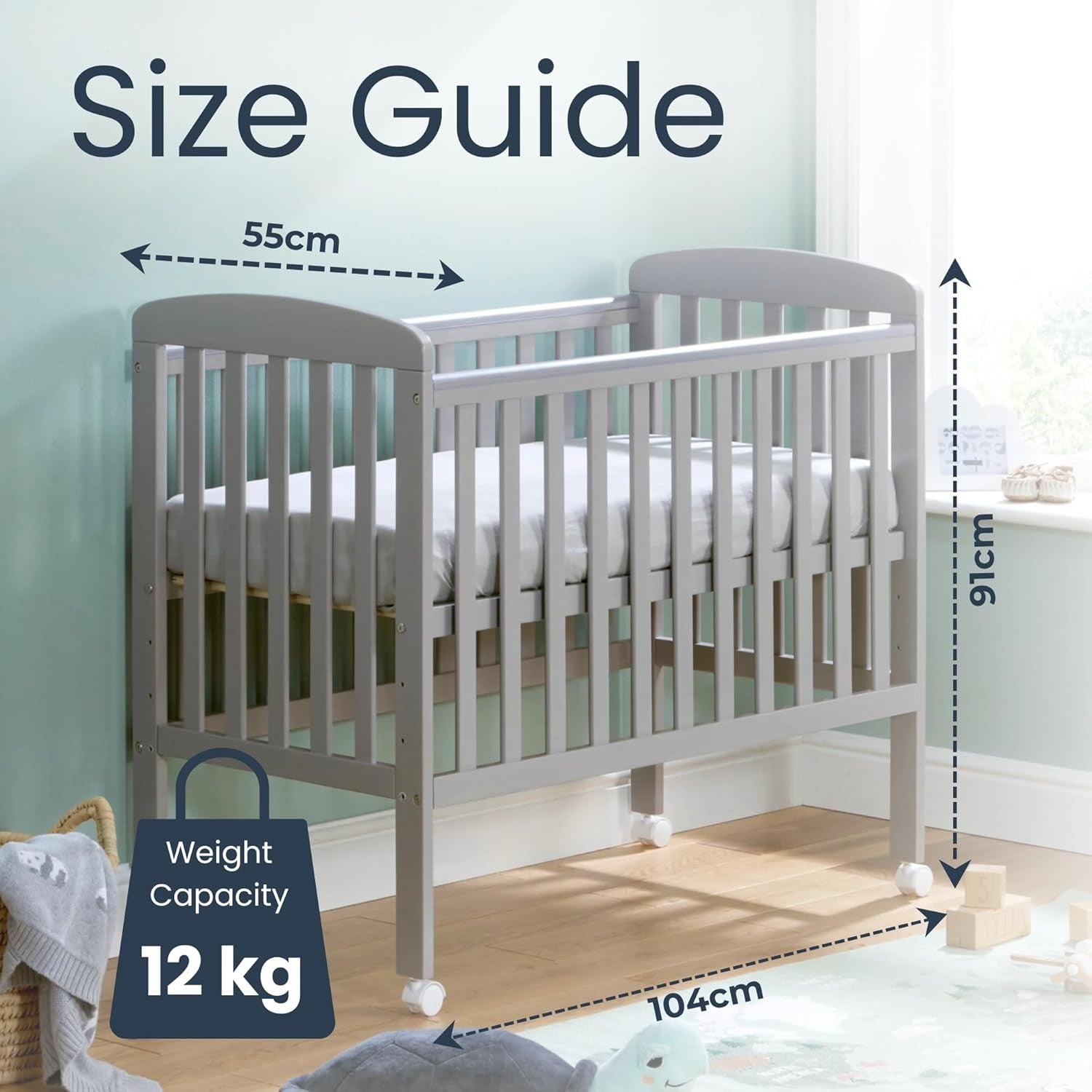 Space Saver Baby Cot Bed Adjustable Height with Wheels White Compact Crib Grey