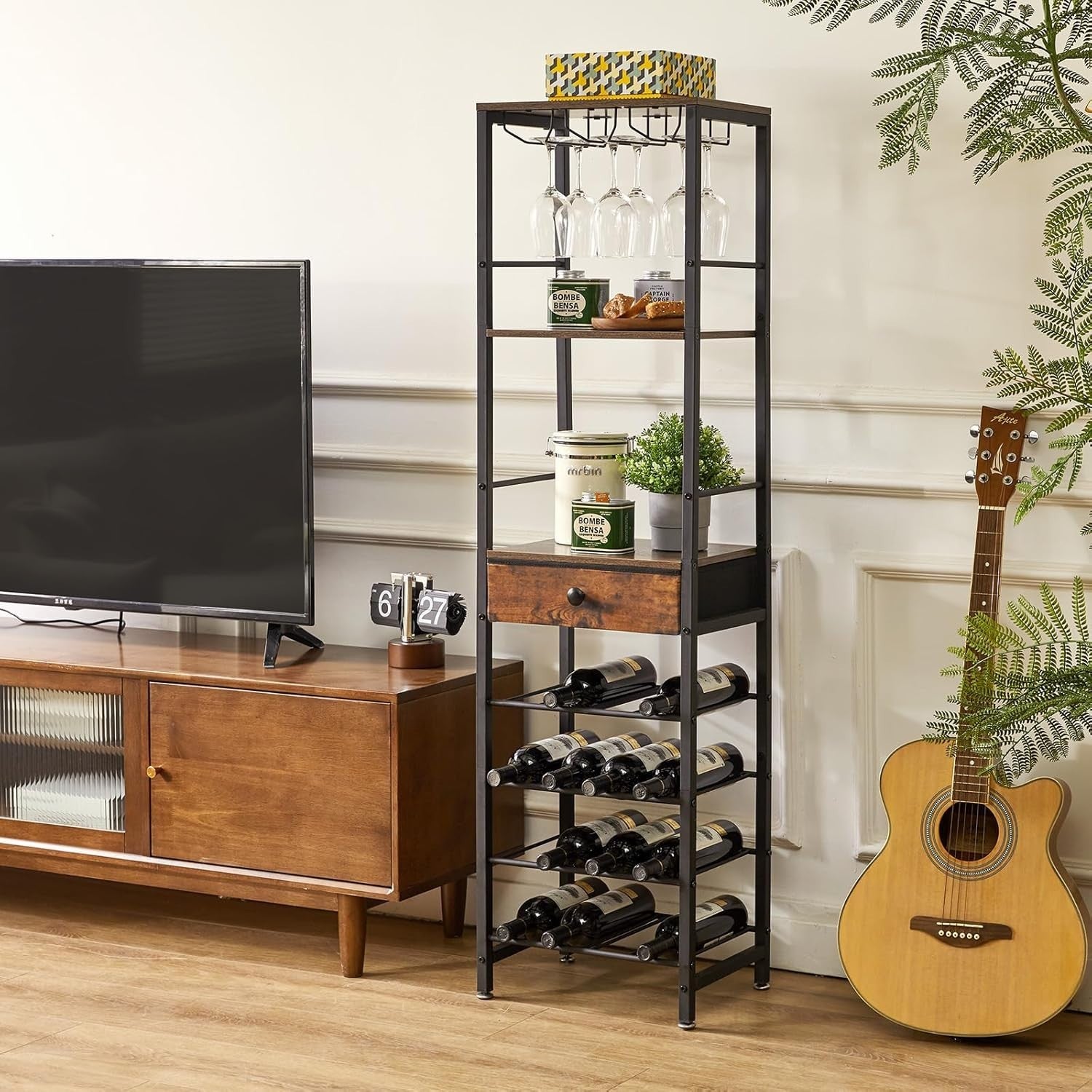 Freestanding Wine Rack Bar Cabinet with Drawer 16 Bottle Storage Shelf