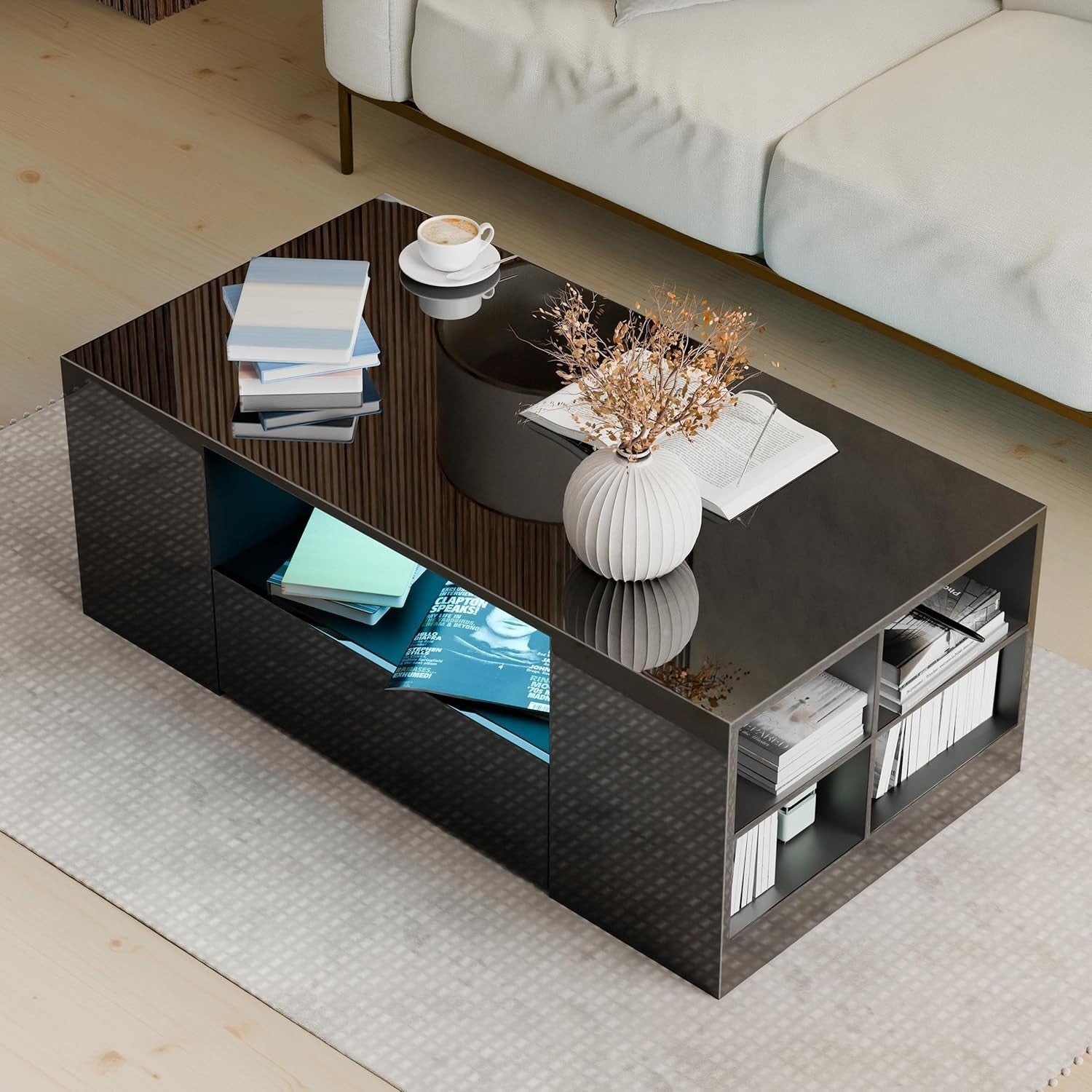 Blisswood LED Coffee Table with 2 Drawers, High Gloss Top & RGB Lights 95x55cm