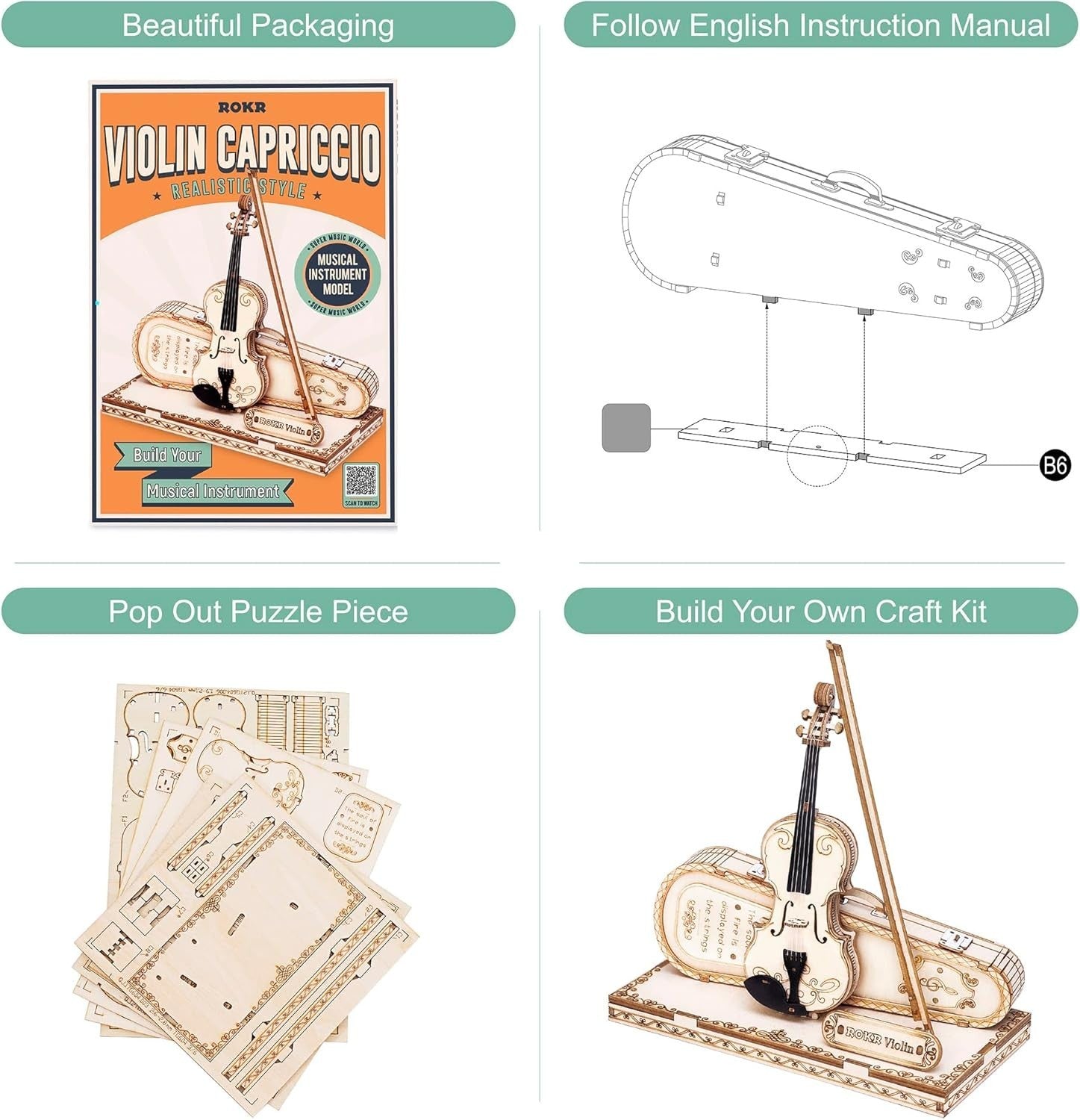 3D Wooden Violin Puzzle Model Kit - DIY Music Craft, 62 Pieces, Easy Assemble