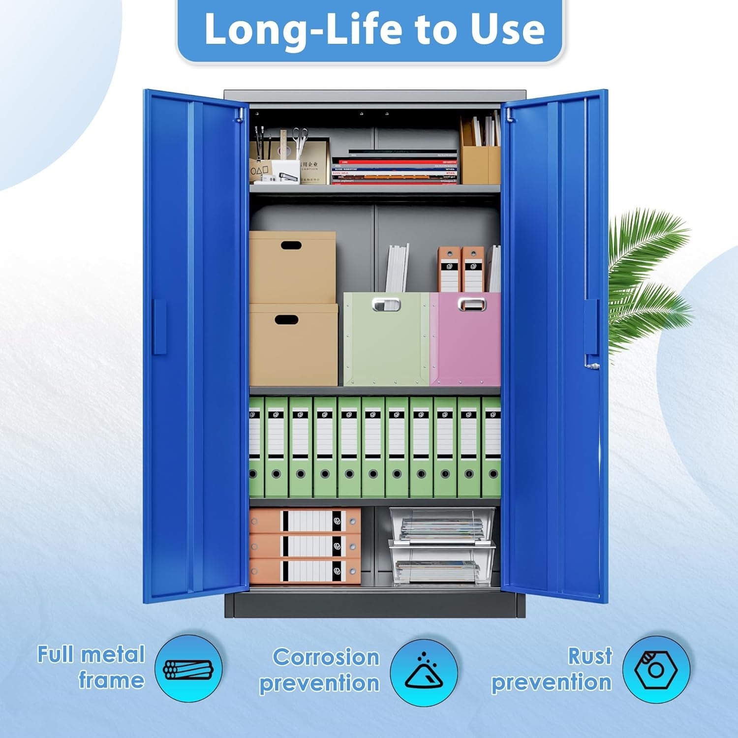 Metal Storage Cabinet 2 Door Lockable Cupboard 3 Adjustable Shelves Black Blue