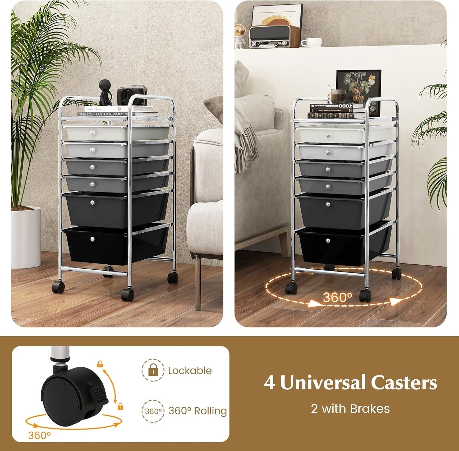 6 Drawer Gradient Black Storage Trolley Rolling Organizer with Wheels