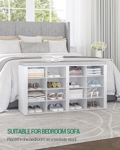 White & Grey Shoe Storage Bench with Cushion & 16 Adjustable Compartments