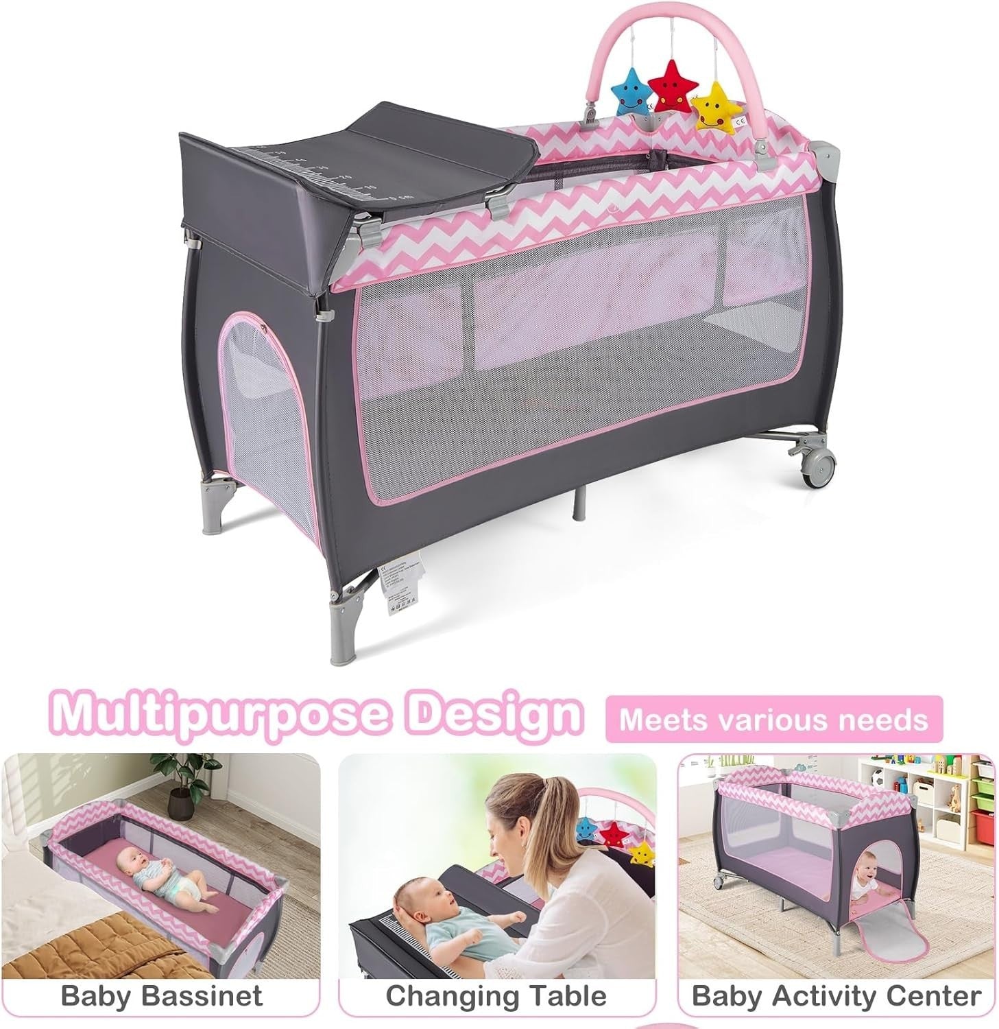 4in1 Baby Travel Cot Foldable Crib with Mattress, Changer & Storage Grey Pink