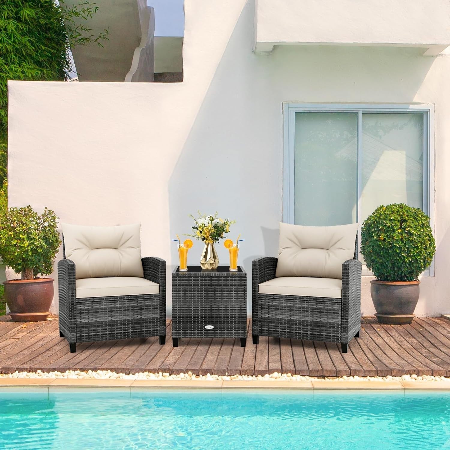 3PC Rattan Garden Bistro Set White Chairs Cushions Table Outdoor Furniture