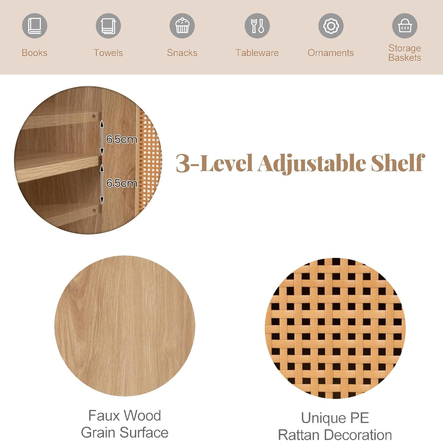 Tall Corner Storage Cabinet with Rattan Doors, 172cm Modern Shelving Unit