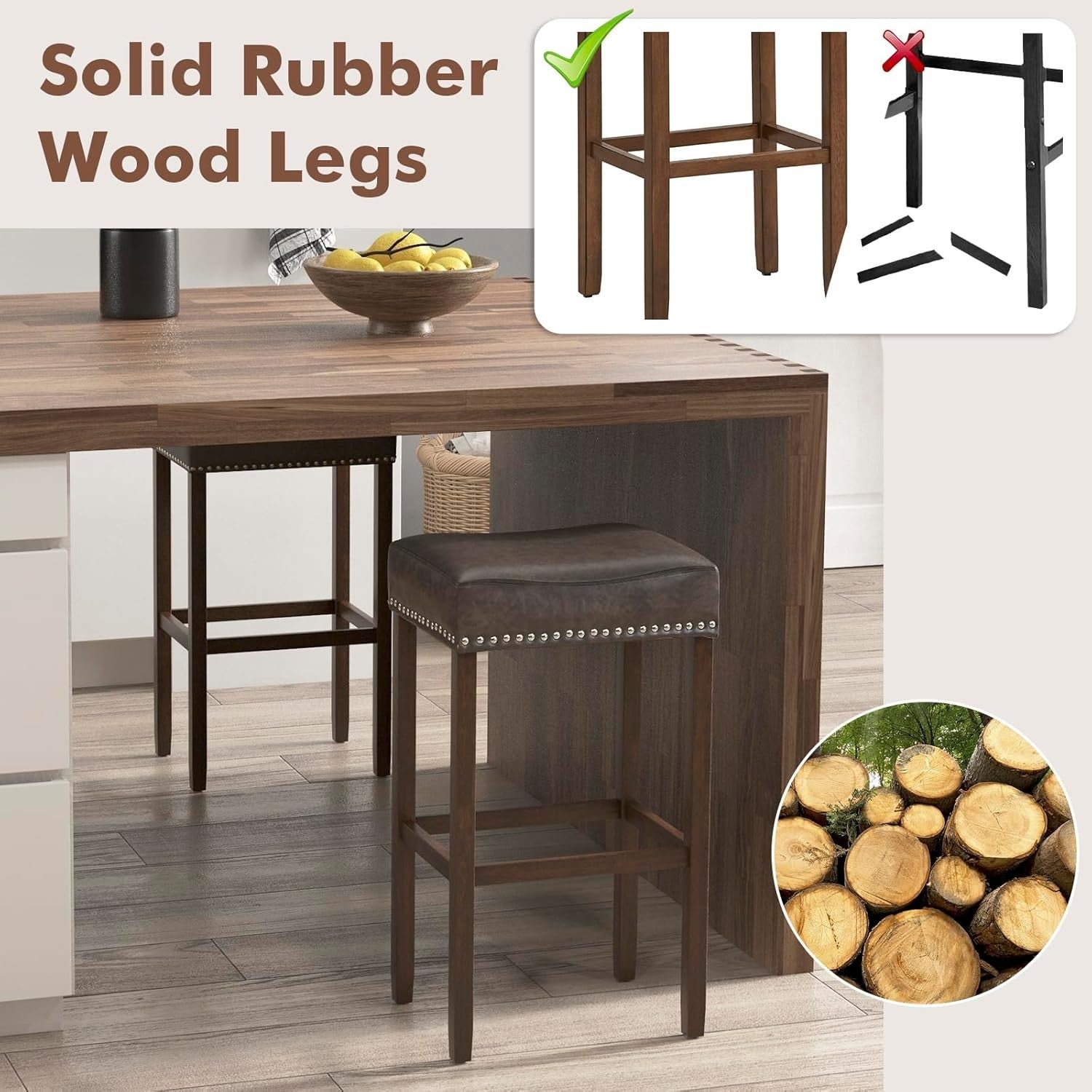Gray & Brown Saddle Bar Stools Set of 2 – Solid Wood Counter Chairs