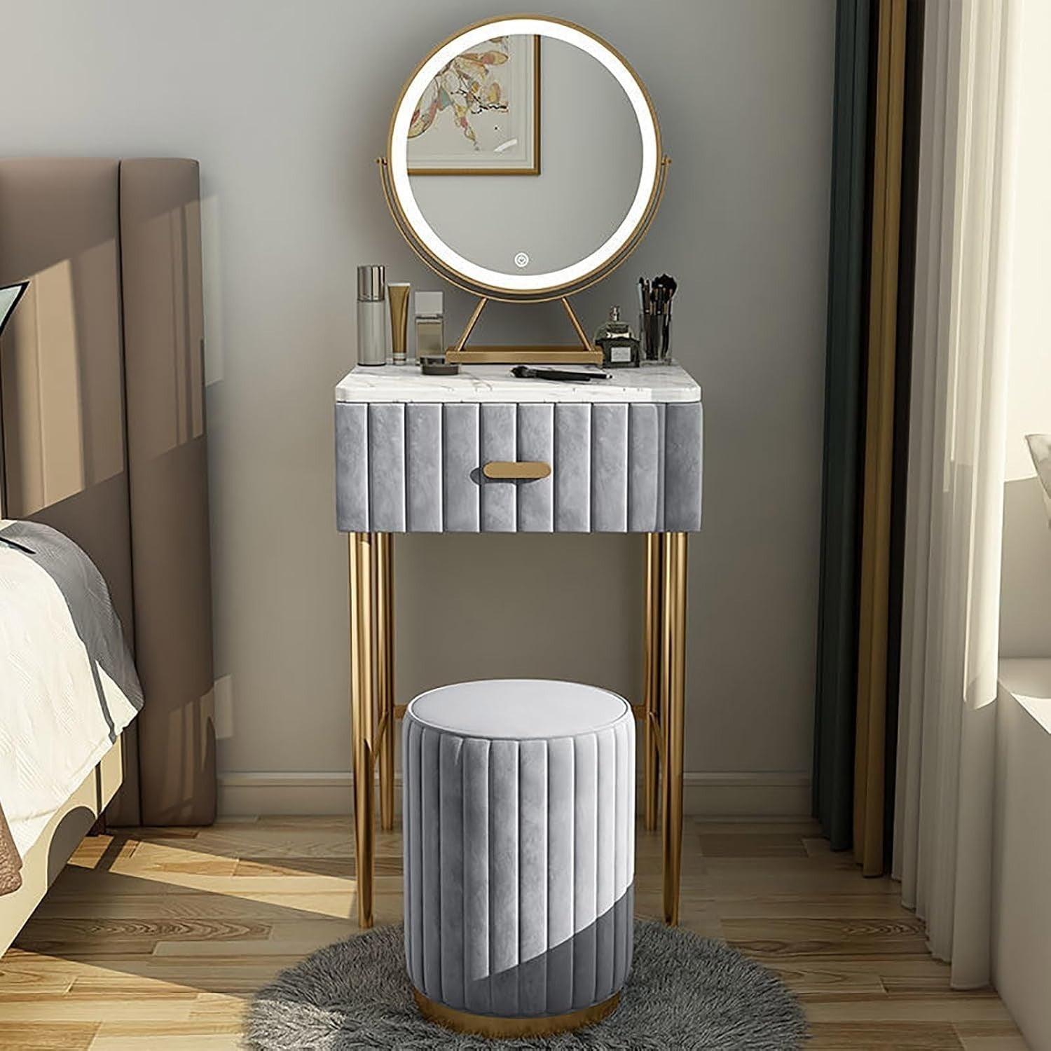 Grey Vanity Desk w/ 3-Color Dimmable LED Mirror Makeup Table & Drawers