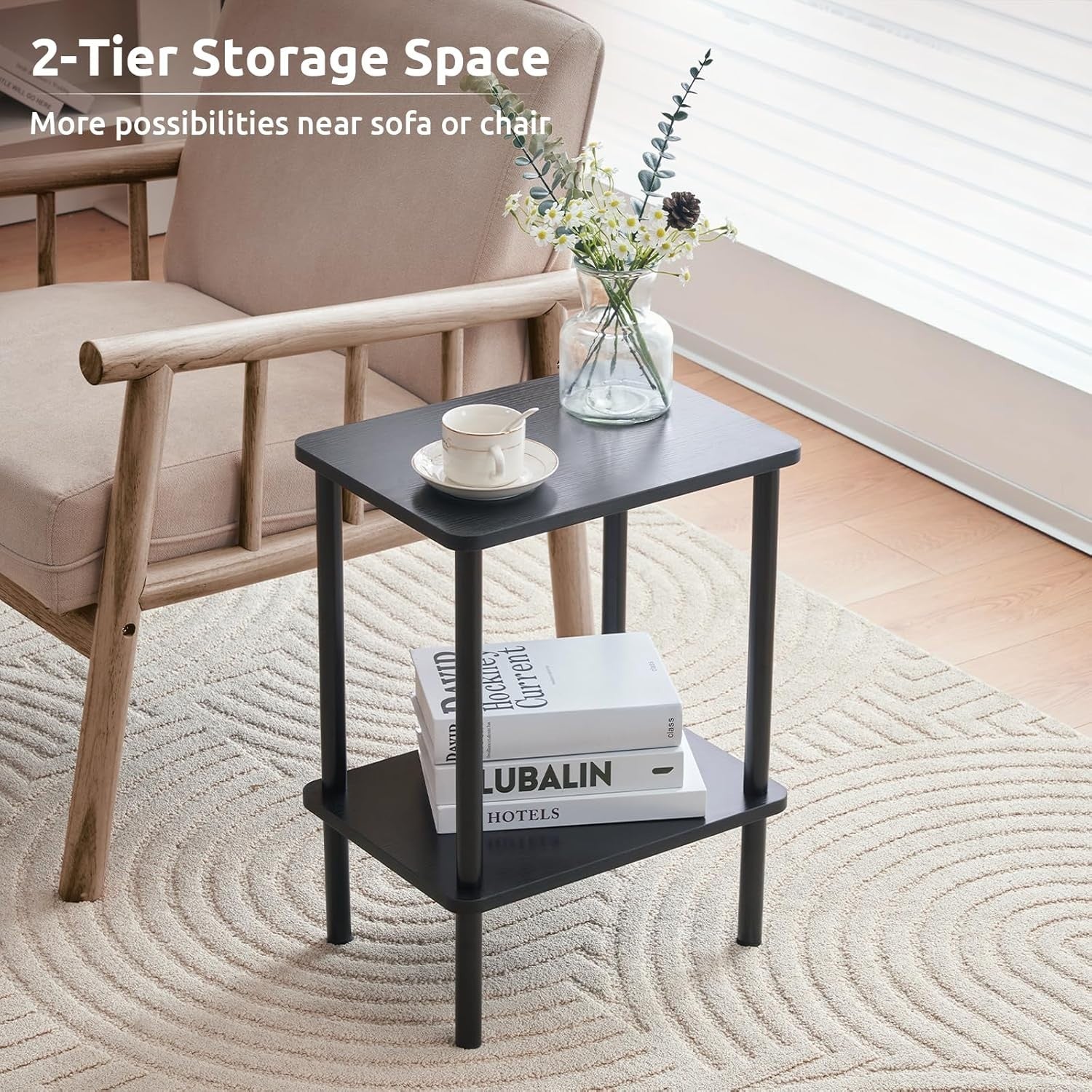 Black 2-Tier Narrow Side Table with Storage Shelf – Slim Bedside End Table