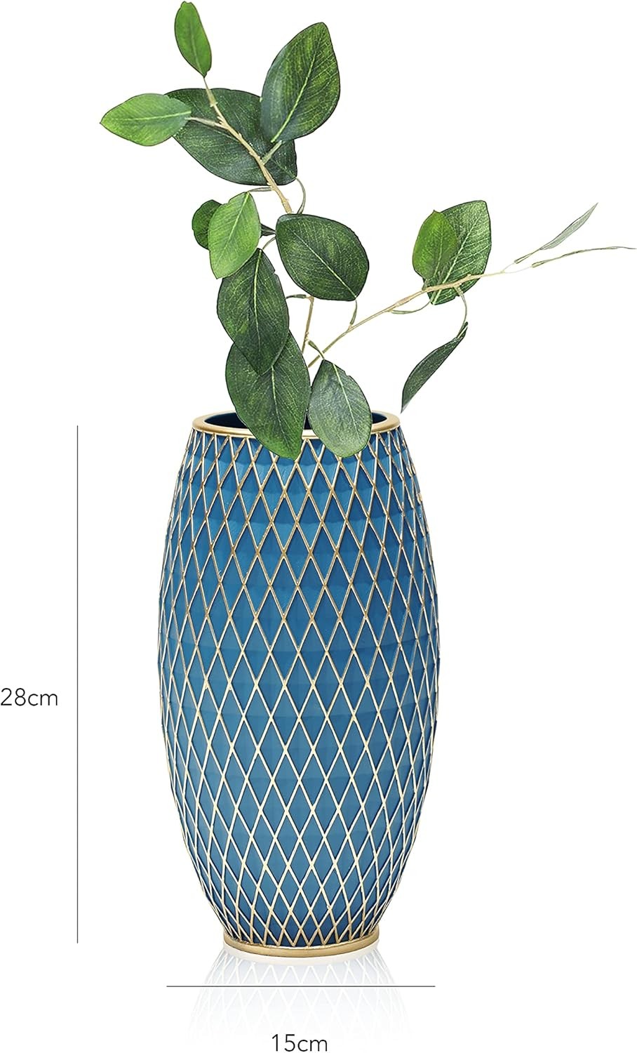 Large Blue Gold Decorative Floor Vase 28.5cm Modern Diamond Pattern Décor