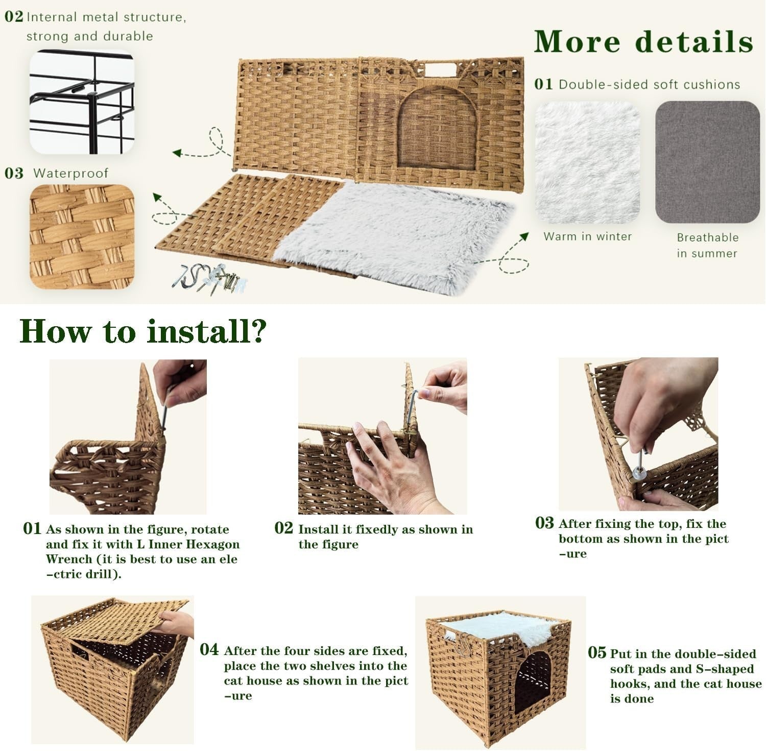 Handwoven Rattan Cat Cave Foldable Indoor Kitten Bed Hideaway Cube