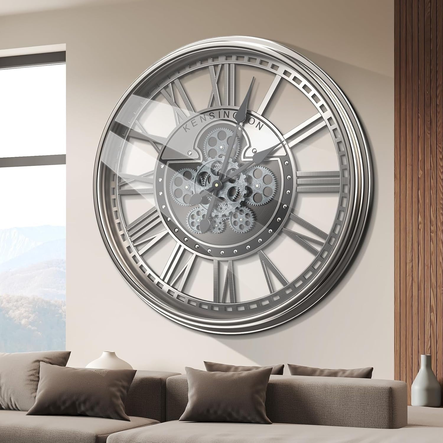 Industrial Gunmetal Moving Gear Wall Clock 21” Roman Numerals Decor