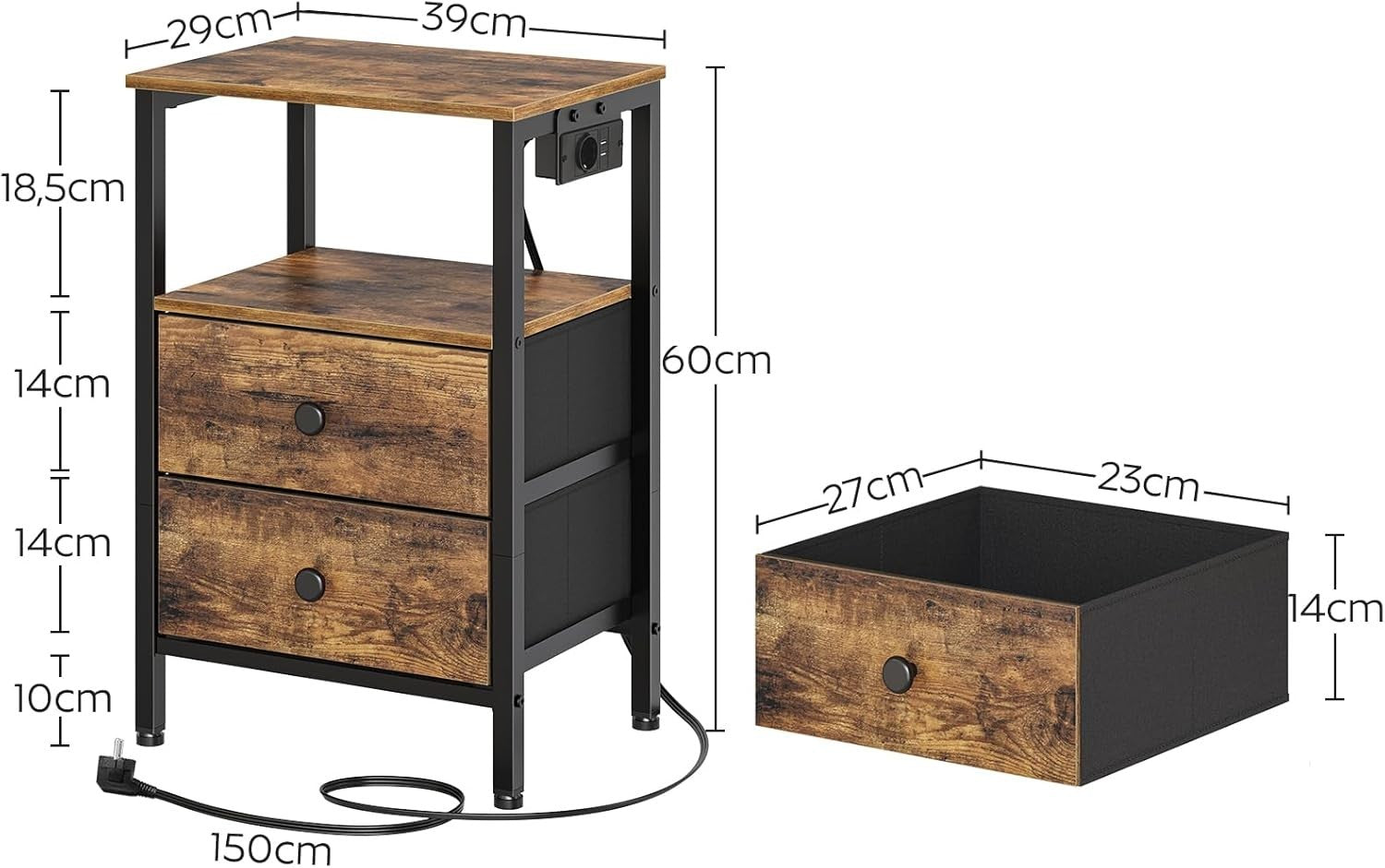 Set of 2 Rustic Bedside Tables with USB Charging Station 2 Drawers & Shelves