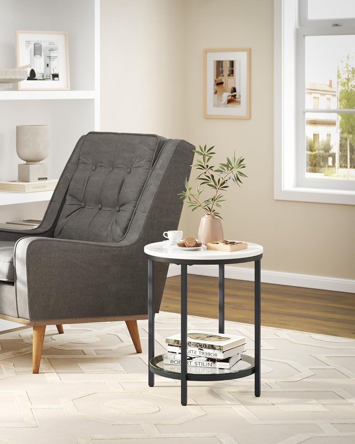 Modern Round Side Table with Glass Shelf, 2-Tier Bedside Coffee Table