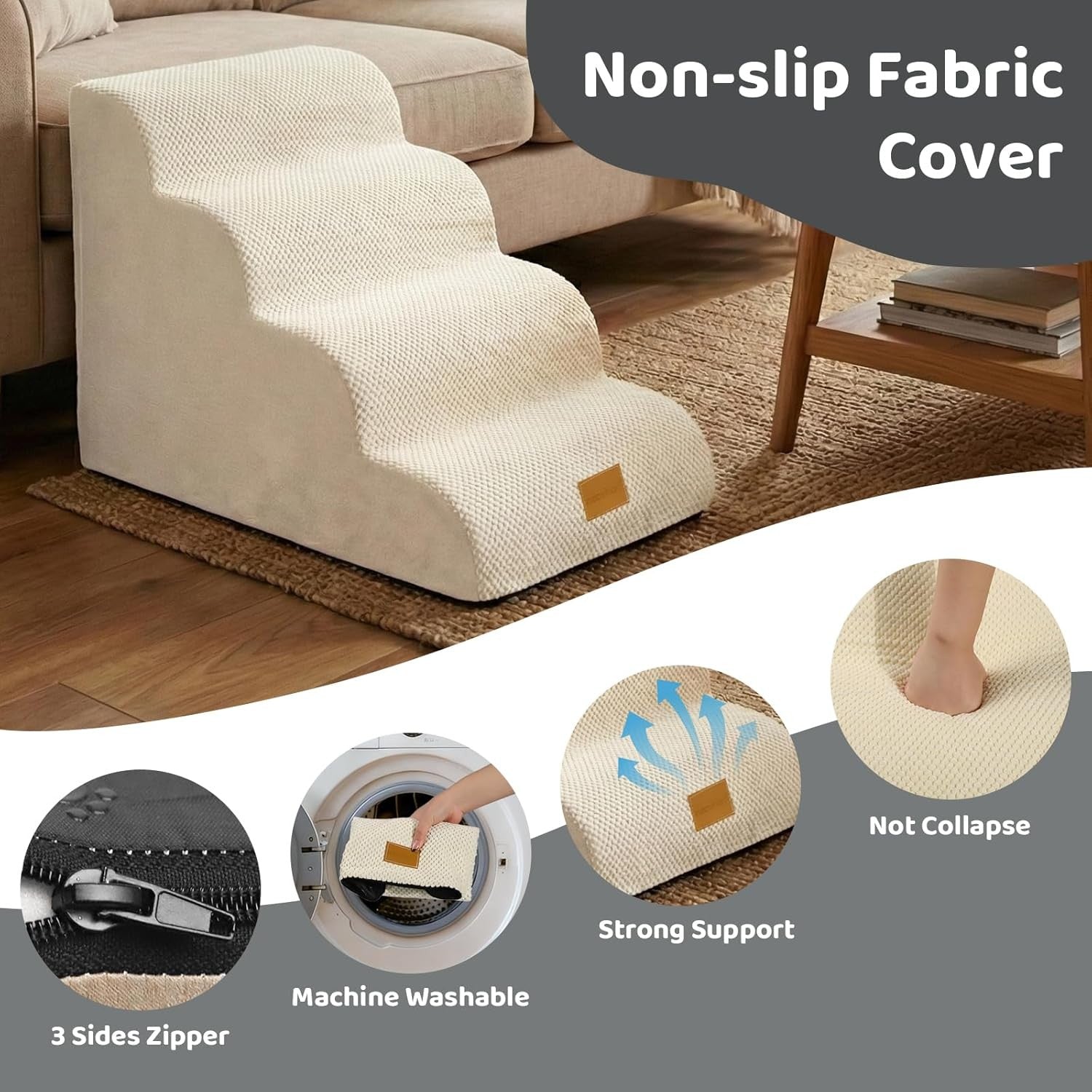 Dog Steps for Bed 4-Step Non-Slip Pet Stairs Ladder Foam Ramp with Plush