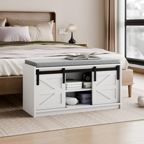 Farmhouse Shoe Storage Bench 2-Tier Sliding Barn Doors, Cushioned Seat