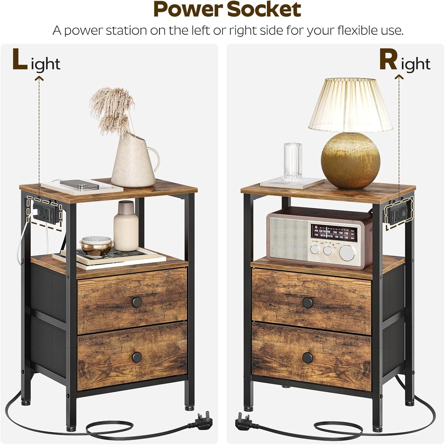 Set of 2 Rustic Bedside Tables with USB Charging Station 2 Drawers & Shelves