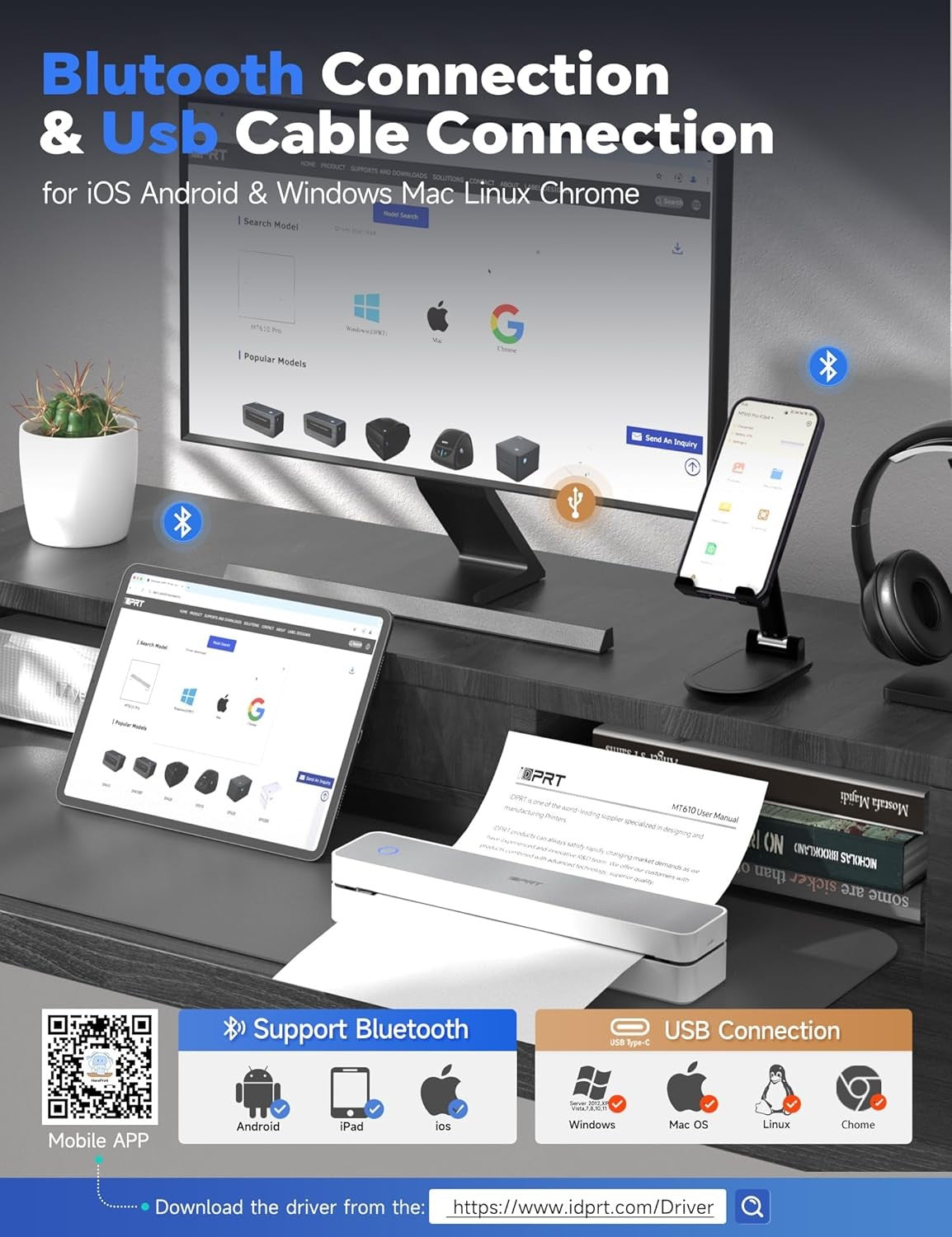 Portable Thermal Printer A4 Wireless Bluetooth Inkless Printer