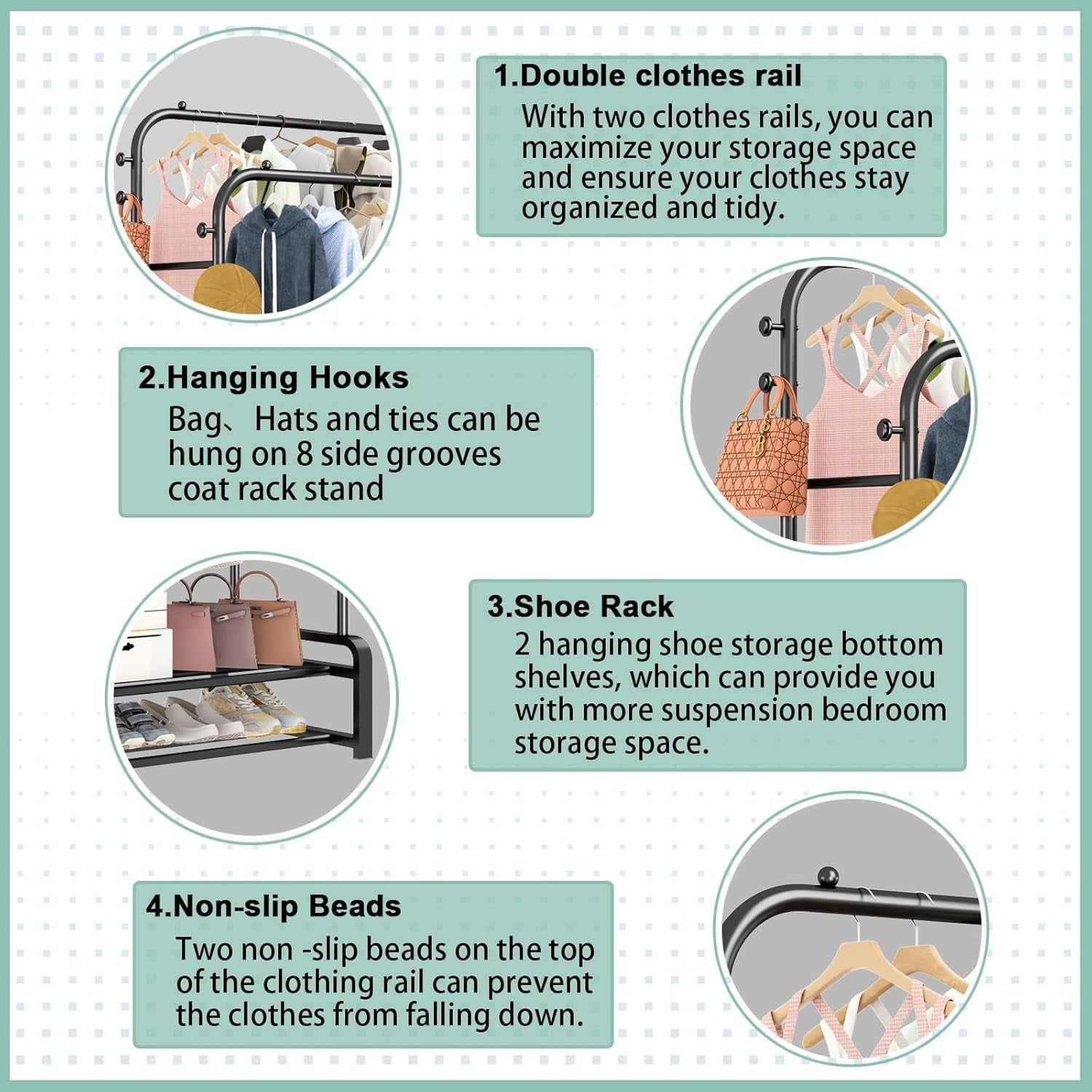 Heavy Duty Double Rail Clothes Rack with Shoe Shelves – Black