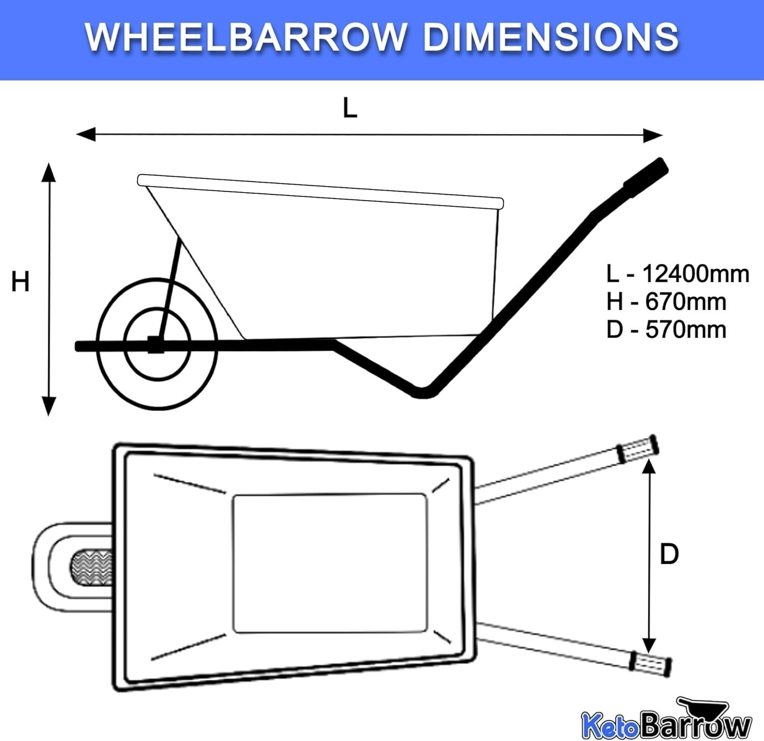 110L - Pneumatic Tyre Wheelbarrow - Blue - Plastic Tray, Steel Frame, 150kg Cap