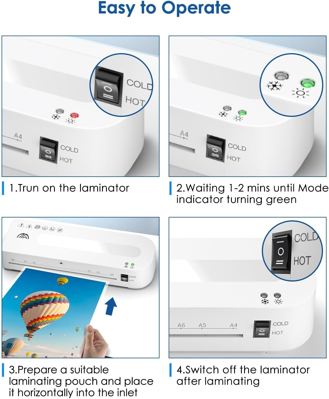 A4 Laminator Hot Cold Fast 90s Warm Up Anti Jam + 50 Pouches
