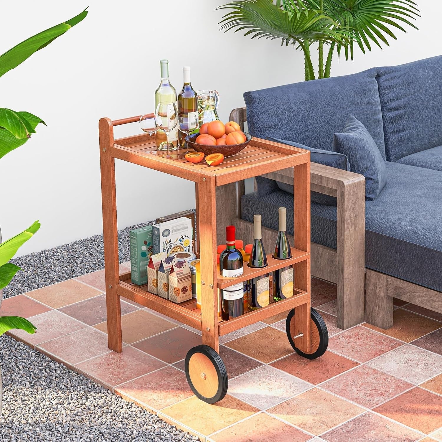 2 Tier Wooden Serving Cart on Wheels Bar Trolley Wine Rack Handle